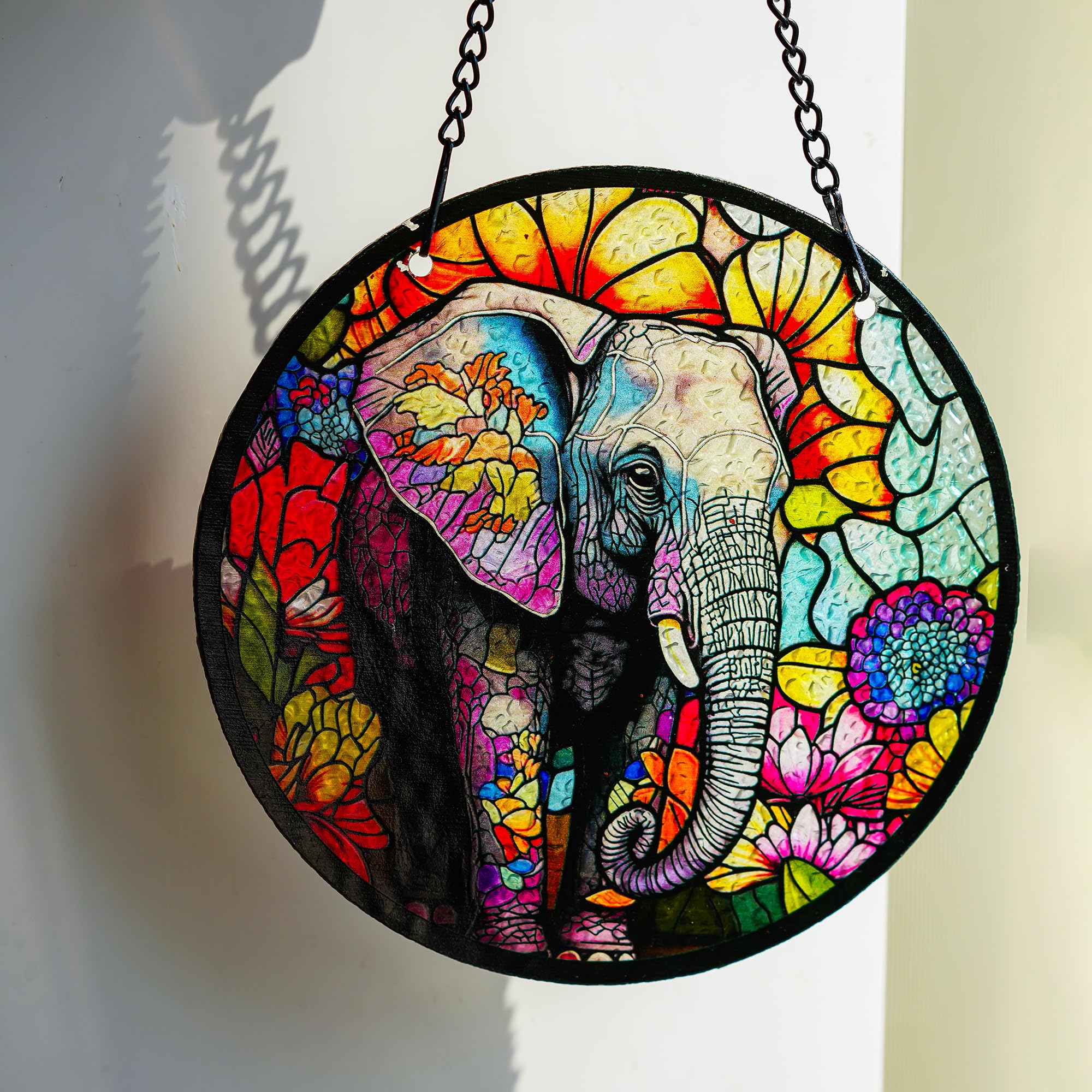 H&D HYALINE & DORA Colourful Elephants Stained Glass Window Hanging Round Stained Glass Panels Hand-Painted Sun Catcher Hangings Gifts for Wild Animal Lover-image-13