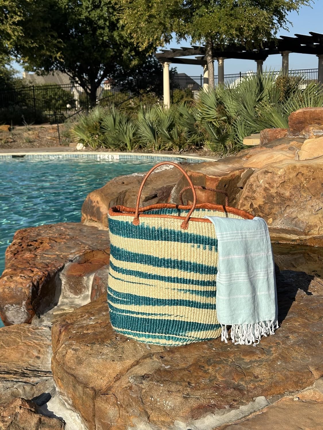 Large Shoulder Bag Beach Bag Kiondo Kenya Fair Trade Turquoise Tan Diameter: 21" x Heigh: 15" With Straps: 20"