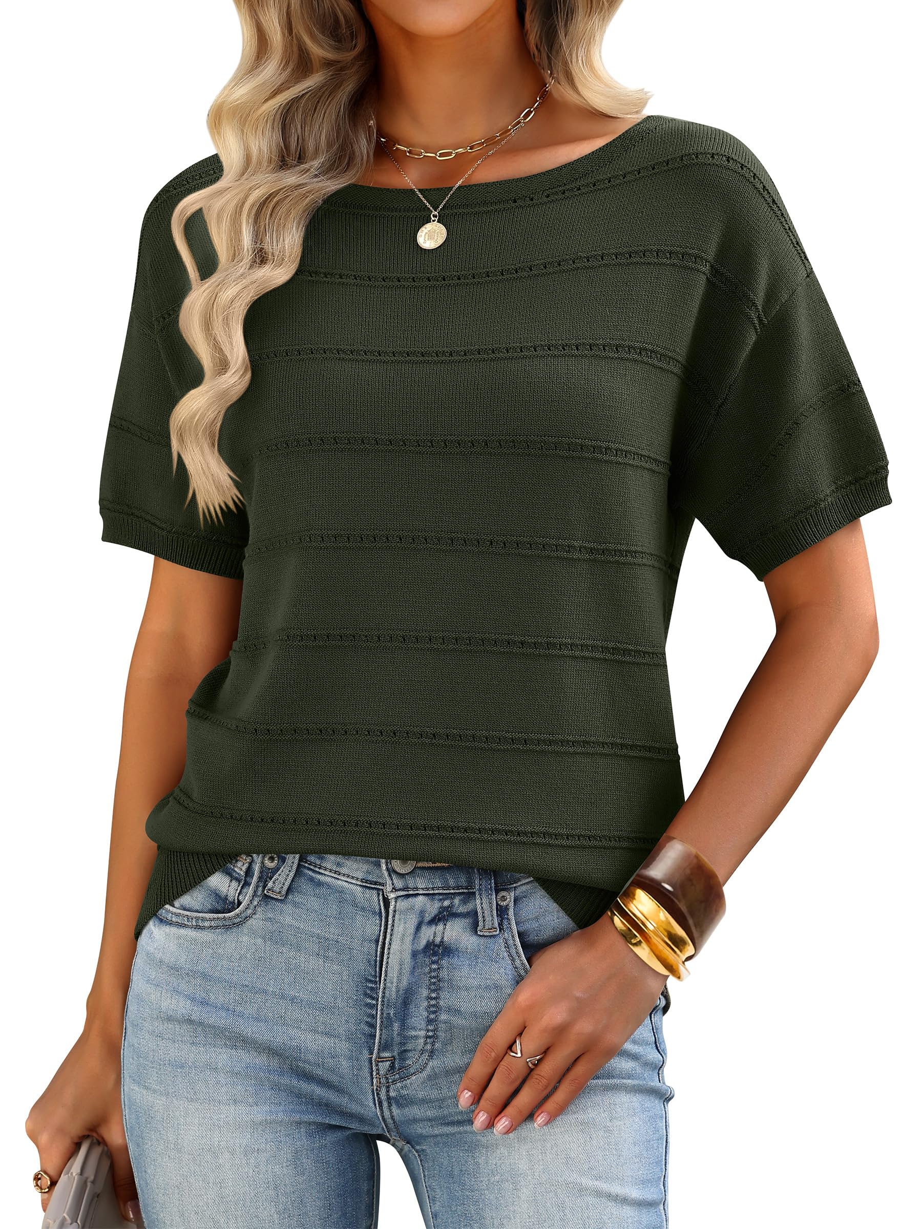 ANRABESS Short Sleeve Sweater for Women Summer Crochet Boat Neck Knit Tops Trendy 2026 Spring Casual Beach Vacation