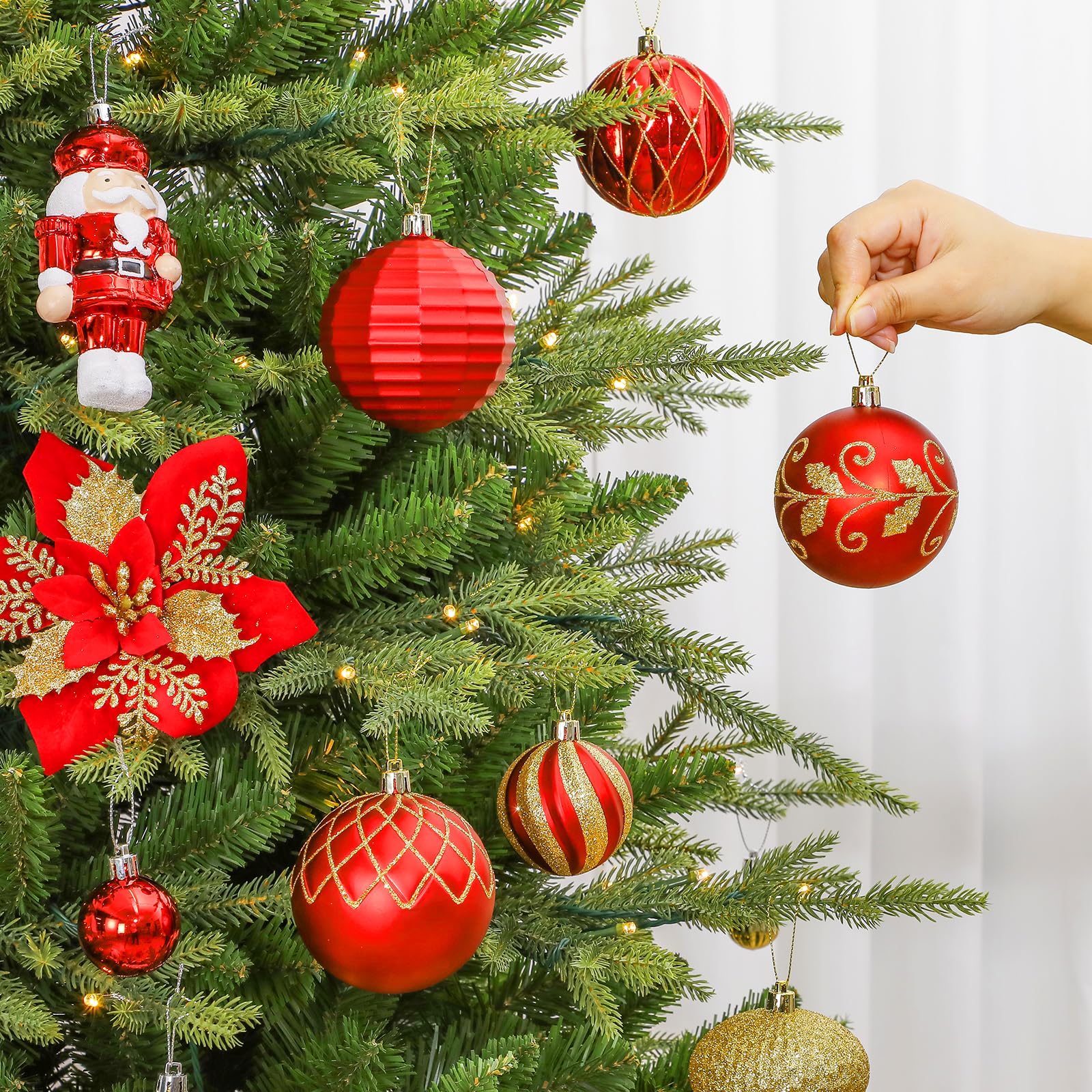 SHareconn Juego de 135 Piezas de Adornos Arbol Navidad, Adornos Bolas de Plástico Irrompibles con Cordón, Decoración Arbol de Navidad, Grandes Decoracion para Bodas (Rojo y Dorado)