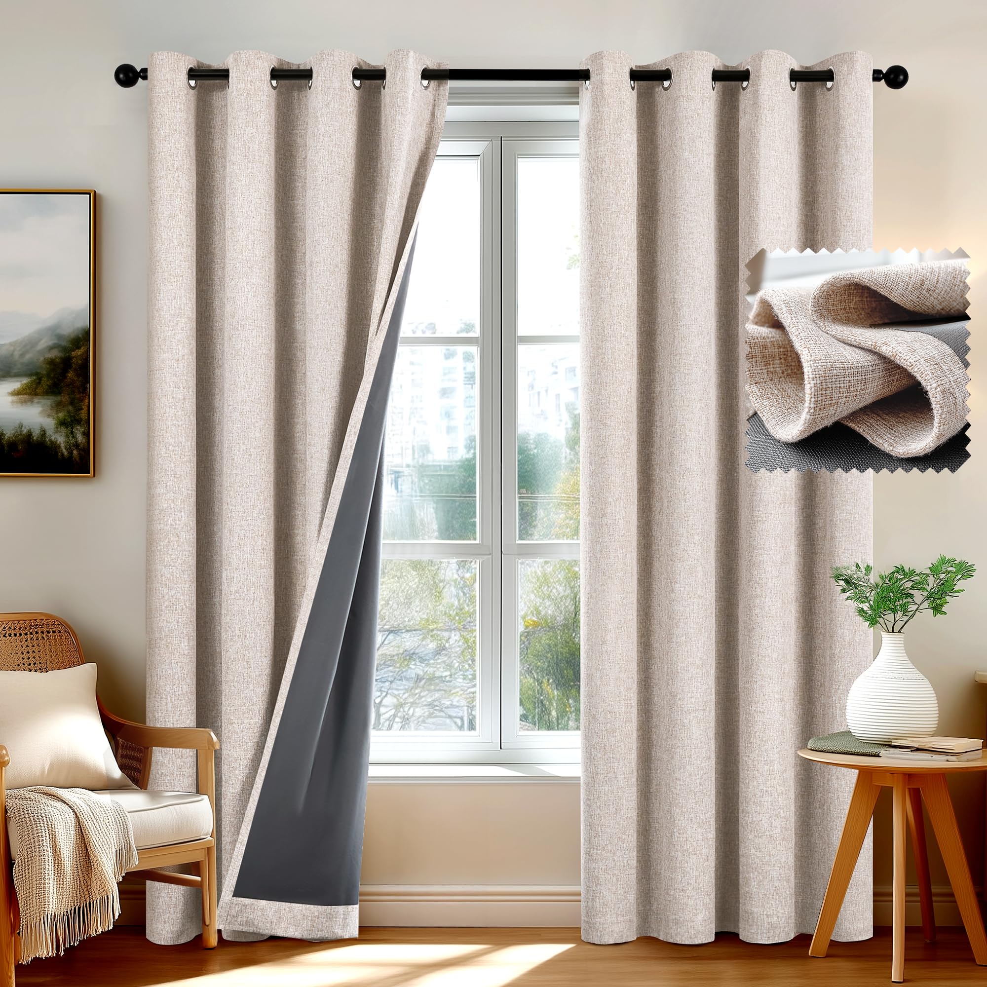 Deconovo Faux Linen Total Blackout Curtians Thermal Insulation Eyelet Curtains for Bedroom with TPU Backing, Linen 66 x 54 Inch(Width x Length), 2 Panels
