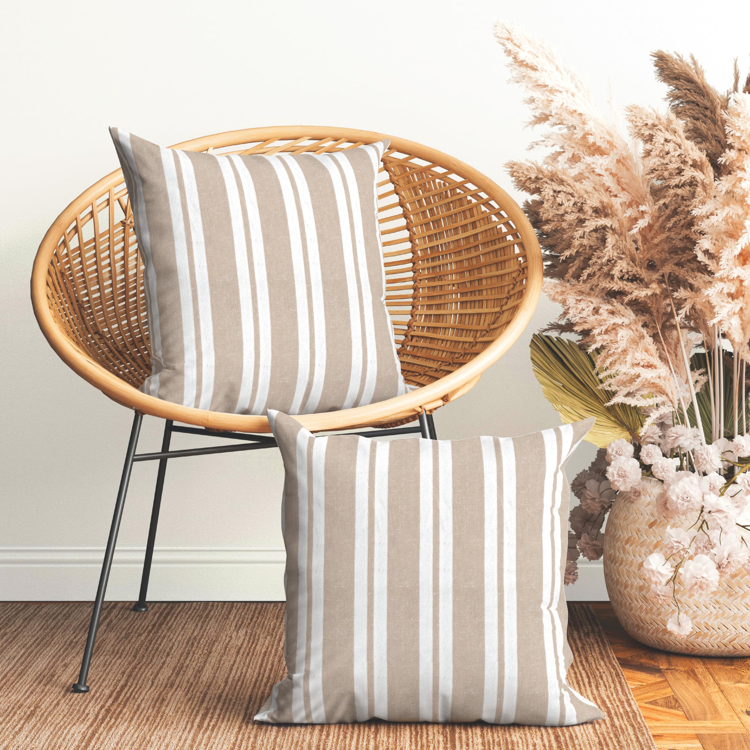 Encasa Homes Fundas de Almohada 2 Piezas (50 x 50 cm) - Franca Beige Rayas - Lona de algodón Suave sin Color Rectangular Funda de cojín Decorativo Colorido para la decoración del hogar