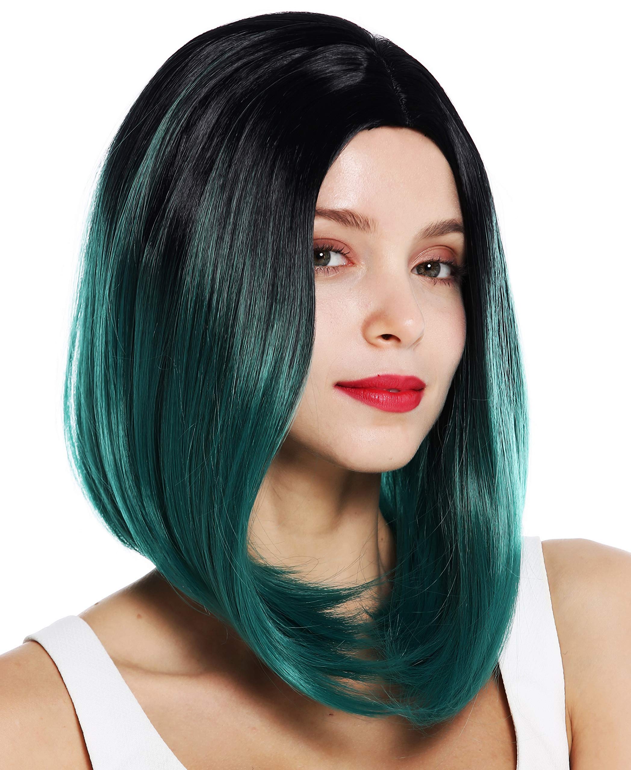 WIG ME UP, ZM-1769-BDR1B women's quality wig short sleek long bob middle parting ombre black green