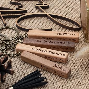 Custom Keychain for Men, Personalized Wooden Key Chain with 4 Sided - Customizable Vertical Bar Cuboid Keychain