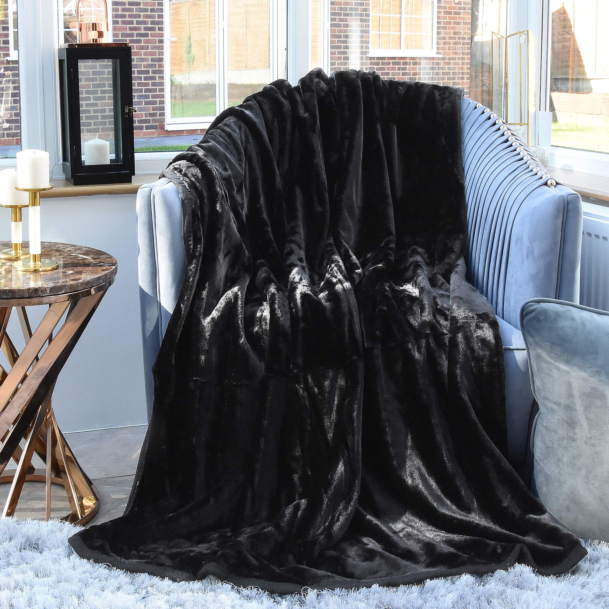 DOUBLE - BLACK LUXURY FAUX FUR MINK THROW SOFT WARM FLEECE BLANKET DOUBLE KING SINGLE SOFA...