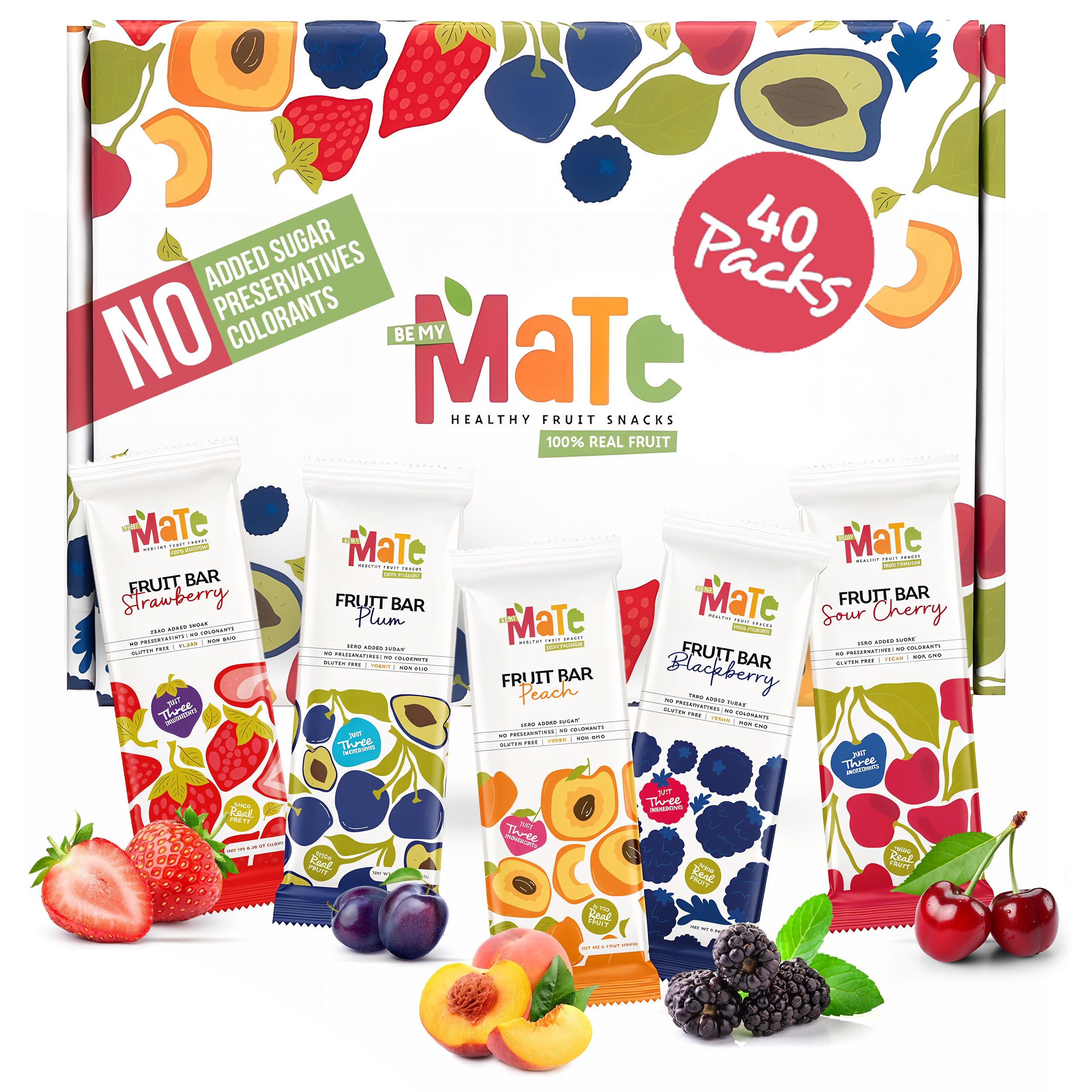 Mate Fruit Bars Variety Pack (40 Pack) - 100% Natural Real Fruit Snacks for Adults and Kids, Healthy Snacks, Fruit Leather. Gluten-Free, Vegan, No Added Sugar, No Preservatives and No Colorant