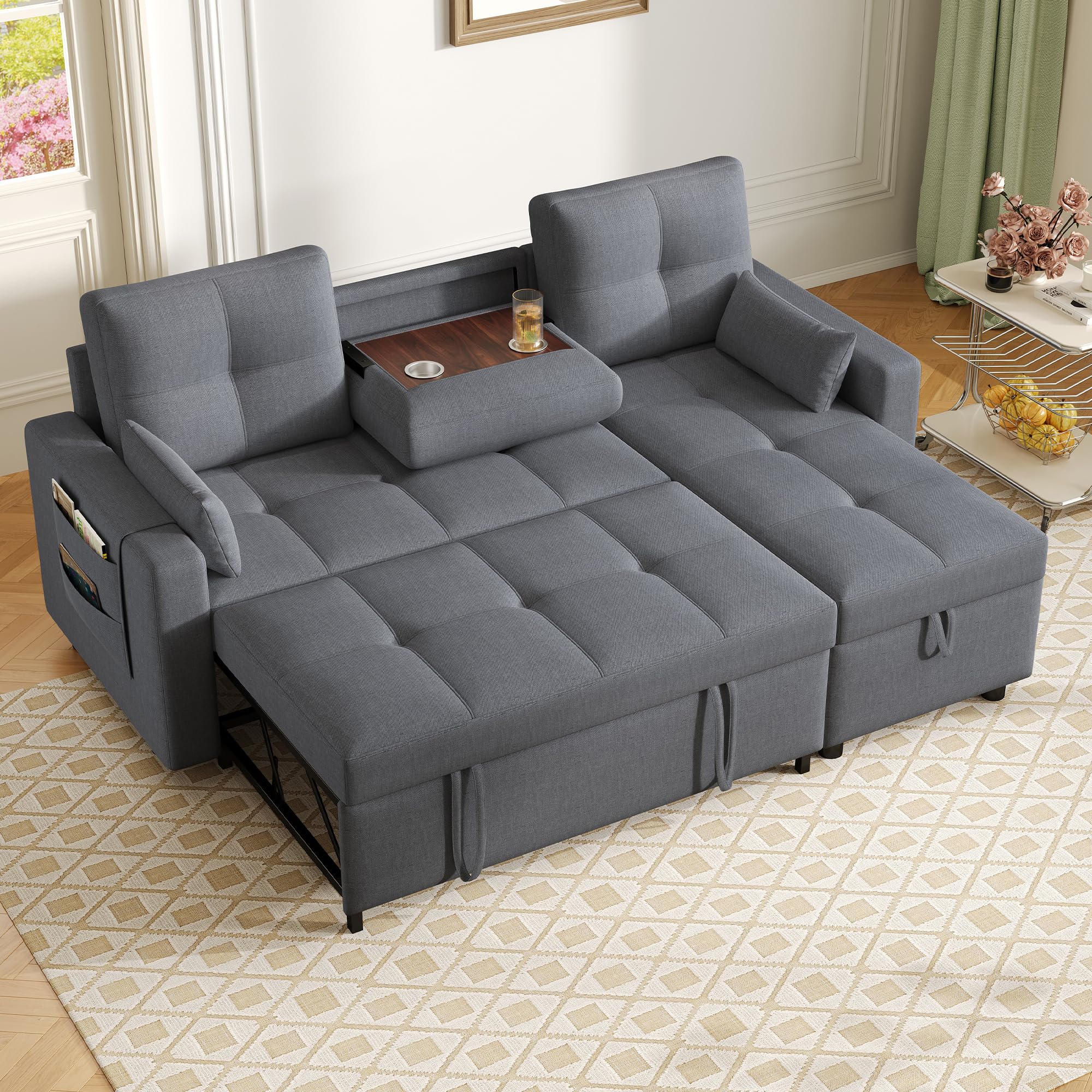 L-förm Schlafsofa ausziehbares Ecksofa mit Chaise Longue & Stauraum, Grau