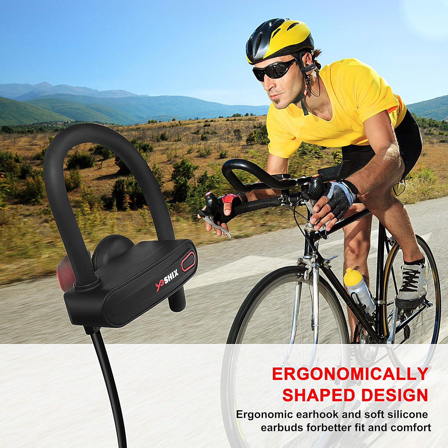 Review Discount Yoshix Bluetooth Earbuds, Best Wireless Headphones for Sports, Running, or Gym. Noise Cancelling Model with mic and IPX7 Sweatproof/Waterproof and Secure Fit Earhooks w/Travel Case