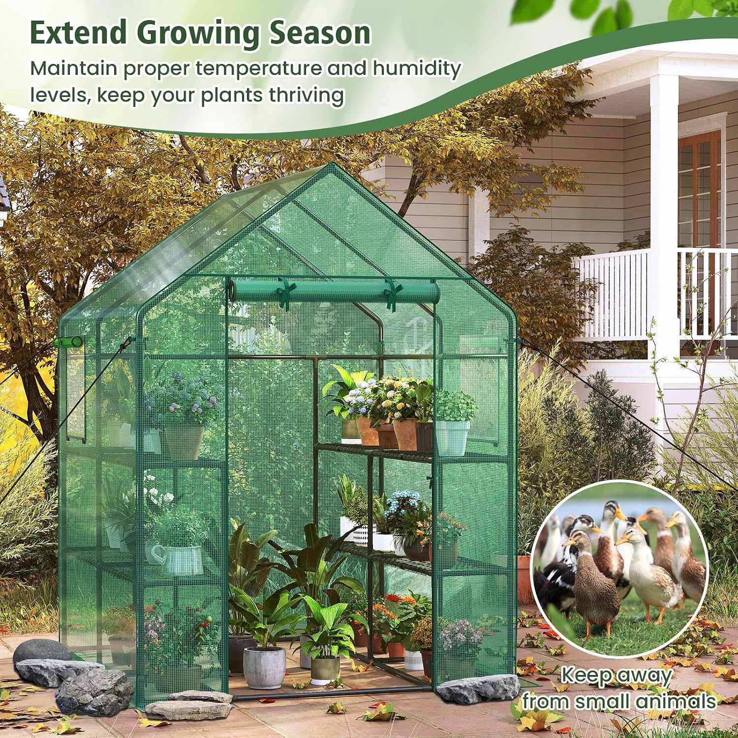 Giantex Walk-in Greenhouse, Gardening Plant Tent with Roll-Up Zippered Front Door and 2 Windows, Indoor & Outdoor Weather-Proof Canopy Cover, 2 Tiers and 8 Shelves, Anchors Included (57”Lx 57”Wx 77”H)