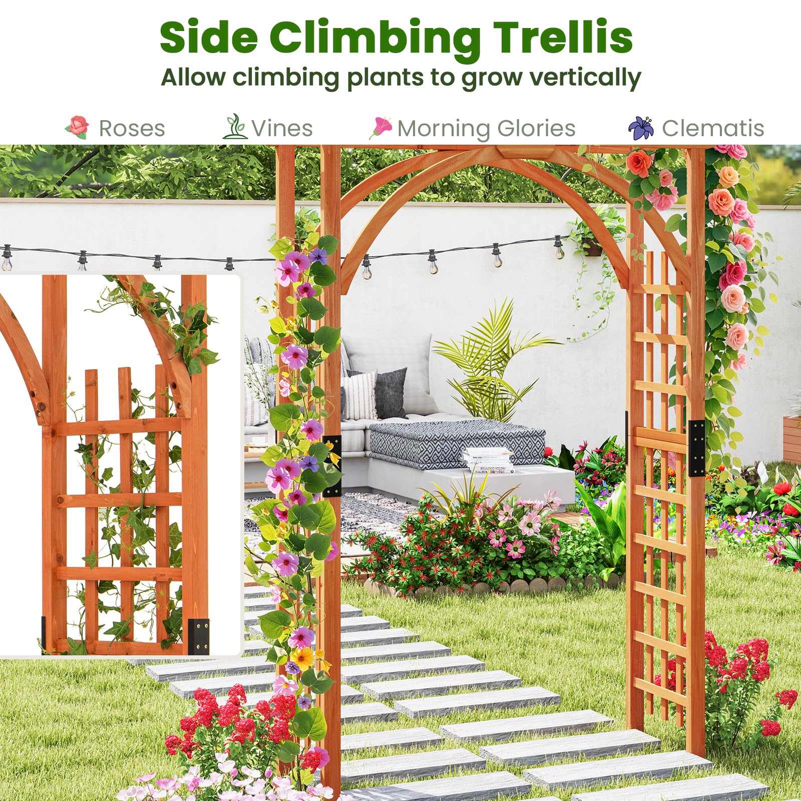 HOMASIS Arche de Jardin en Bois pour Plantes Grimpantes Exterieur, 160 X 60 X 213 cm, Arche à Rosiers Treillis, Support Pergola de Jardin Décoration Entrée Allée Patio Arrière-Cour (Orange)