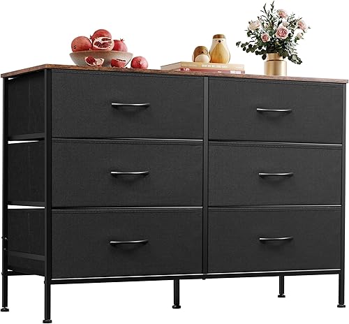 Miniatura 14 de WLIVE Cómoda para dormitorio con 6 cajones, cómoda ancha para TV de 50 pulgadas, con cajones de tela, marco de metal, parte superior de madera,