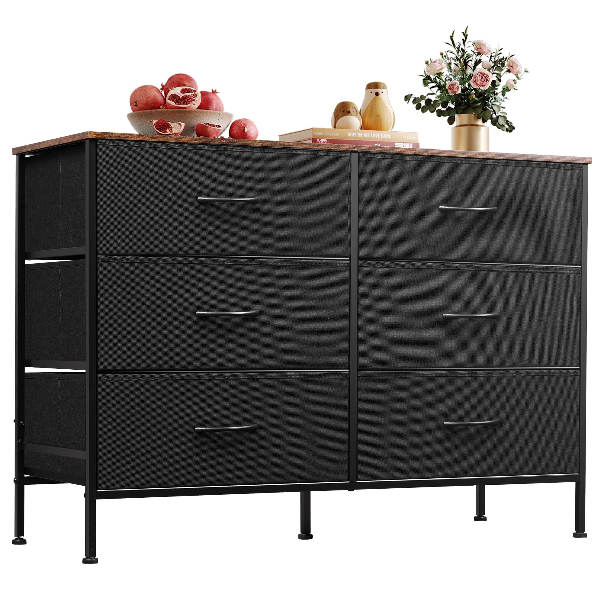 WLIVE Wide Dresser with 6 Drawers, TV Stand for 50 Inches TV, Entertainment Center with Metal Frame, Wooden Top, Fabric Storage Dresser for Bedroom, Hallway, Entryway, Black and Rustic Brown