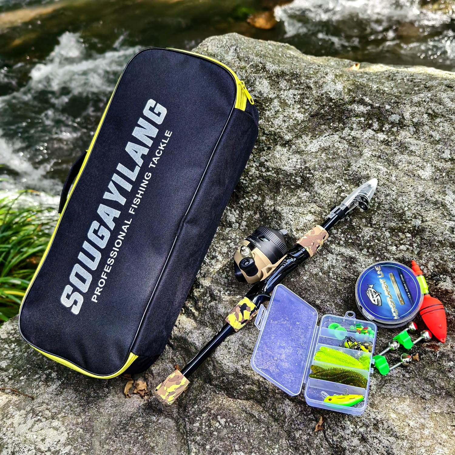 Sougayilang Ensemble Canne à pêche et Moulinet pour Enfants, Canne à pêche légère avec Moulinet de pêche Spincast et Sac de pêche, leurres pour Jeunes, Filles et garçons, Bon kit de pêche pour