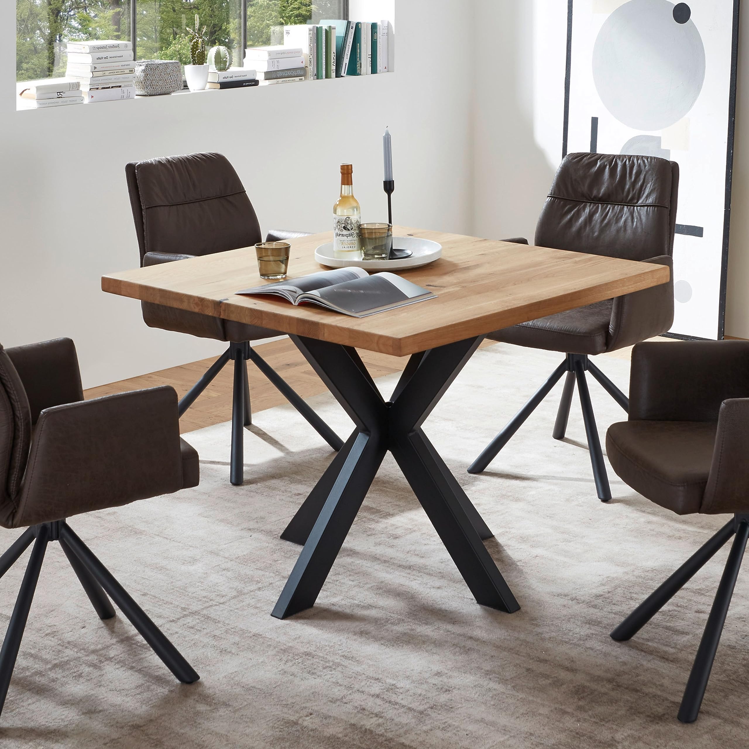 Micky Esstisch Massivholz Eiche - Quadratischer Esszimmertisch mit sternförmigem Metallgestell für Ihr Esszimmer - 100 x 76 x 100 cm (B/H/T)