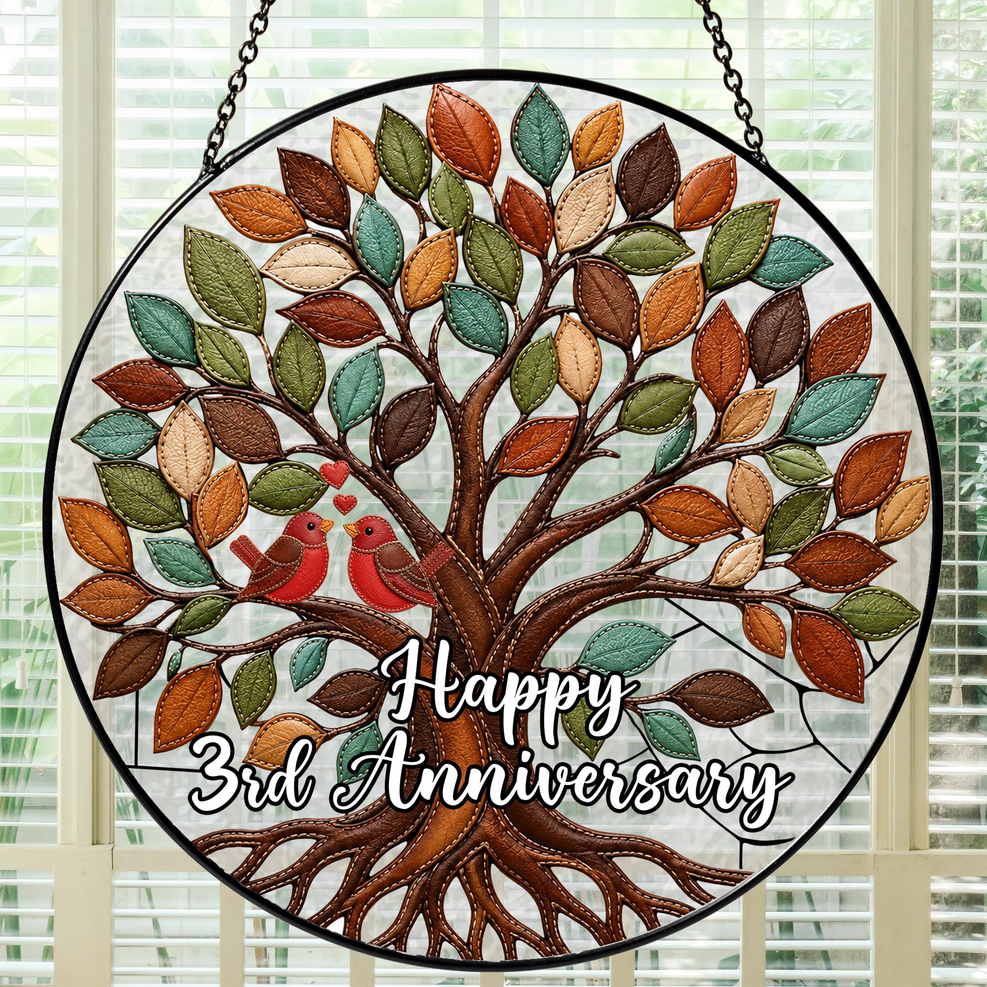 Bozspacer 3rd Anniversary Stained Glass Suncatcher, Traditional Leather Anniversary Theme Gift, 3 Year Wedding Anniversary Window Hanging Decor for Husband Wife Him Her Couples, 6 x 6 Inches โ image 1