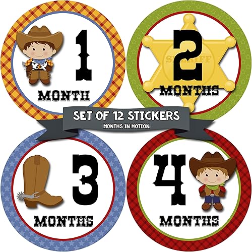 Calcomanías mensuales para bebé, calcomanías de hitos mensuales, calcomanías del mes del bebé para niño, vaquero occidental, estilo 340