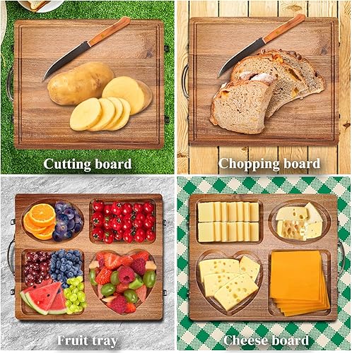 Miniatura 4 de Double Side Acacia Wood Serving Tray, Serving Platters and Trays, Charcuterie Boards Wooden Tray with Vintage Metal Handles, Wooden Cutting Boards