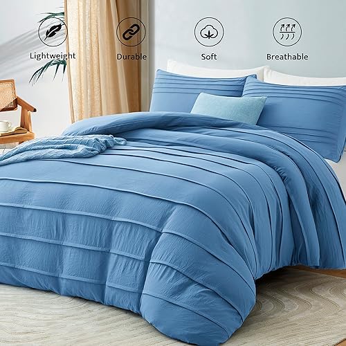 Miniatura 2 de Oli Anderson Funda de edredón azul tamaño King  Funda de edredón plisada King juego de ropa de cama con textura suave y transpirable de 3 piezas con