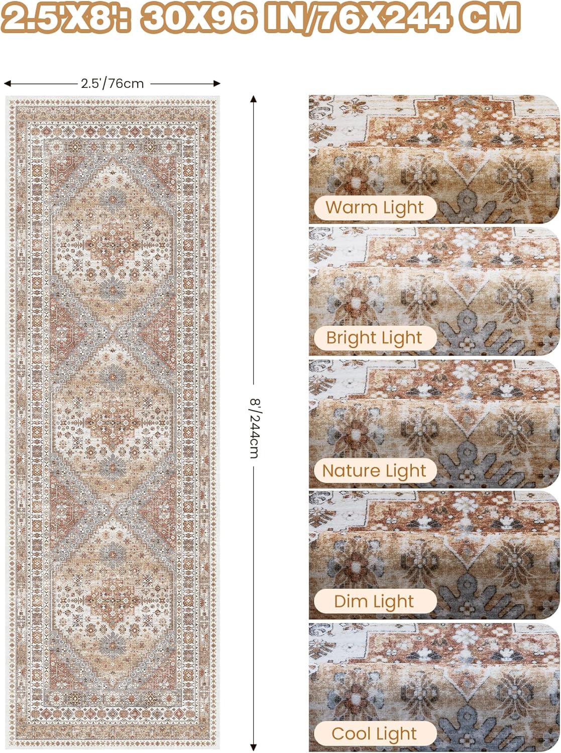 Kitchen Runner Rug Non Slip Washable 2.5x8, Soft Low Pile Entryway Rug Runners for Hallways,Carpet Runner for Living Room,Kitchen, Laundry, Bathroom(Orange,2.5'x8') - Image 2