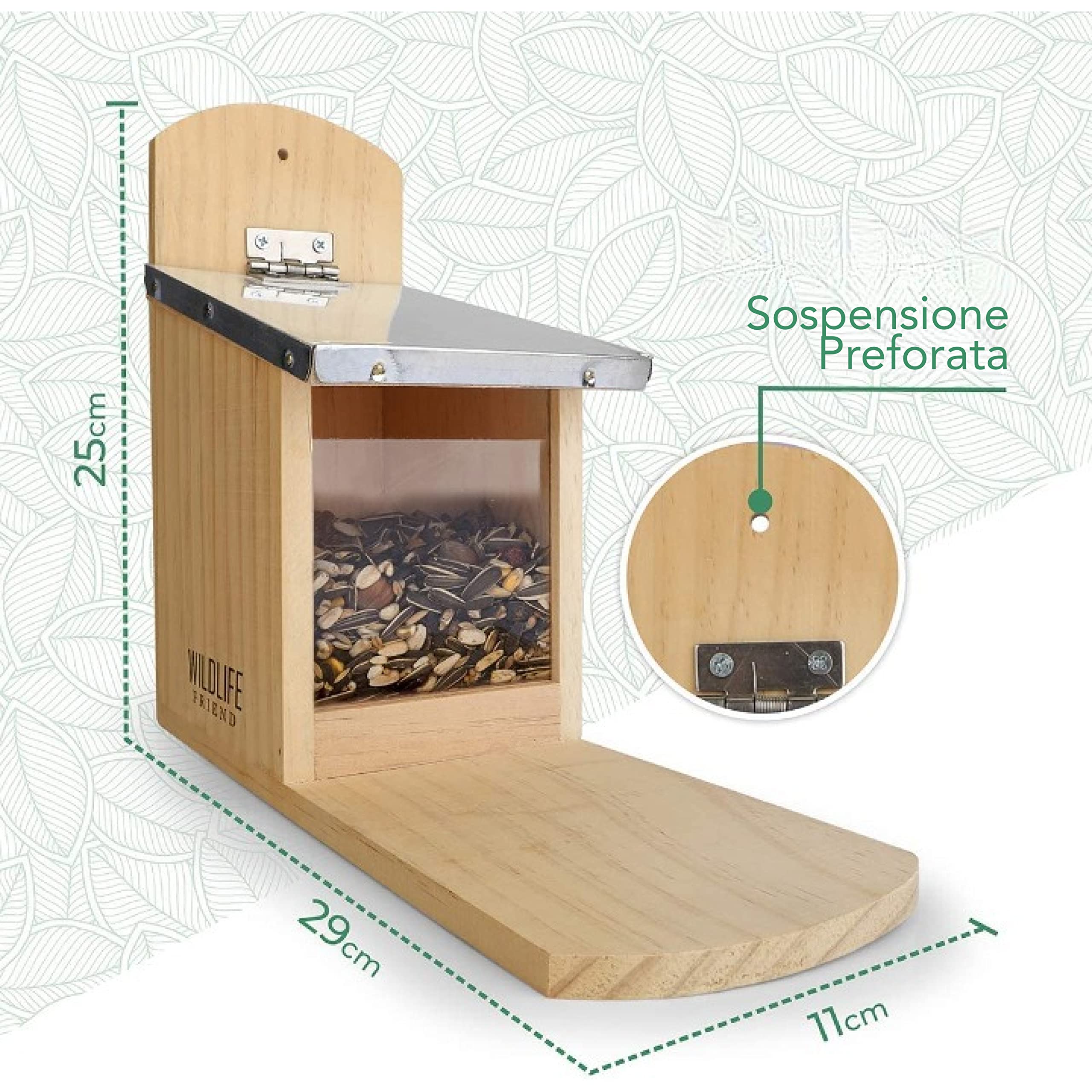 WILDLIFE FRIEND | Mangiatoia Scoiattoli- Casetta ecologica per scoiattoli, Mangiatoia Scoiattoli da esterno con Finestra in Plexiglass, Resistente alle Intemperie - in Legno di Pino e Tetto in Zinco