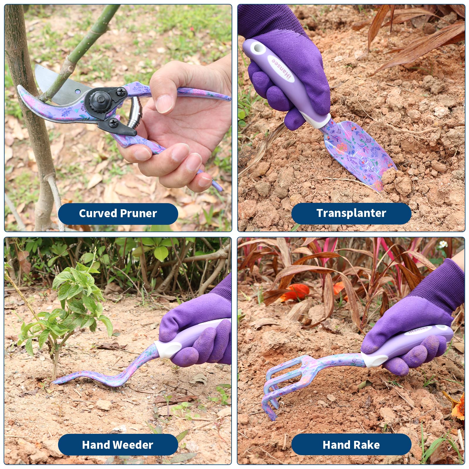 Juego de herramientas de jardín púrpura de 10 piezas, herramientas de mano de jardinería resistentes con mango ergonómico antideslizante, bolsa de herramientas de jardín con estampado de