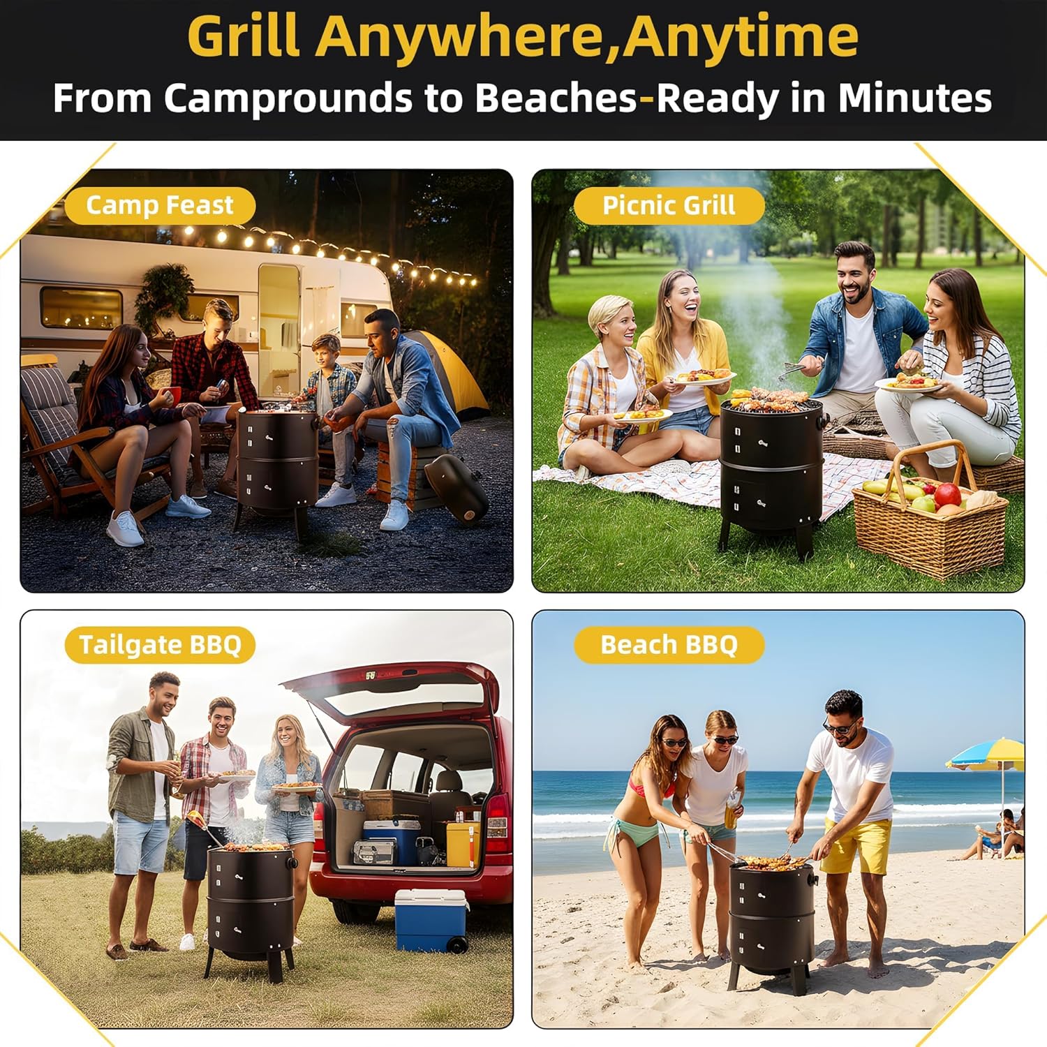 16 Inch Charcoal Smoker, 3-in-1 Meat Smoker Grill with Thermometer & Dual Cooking Racks Portable Outdoor BBQ Smoker with 2 Access Doors, Easy to Clean, for Backyard, Camping & Parties