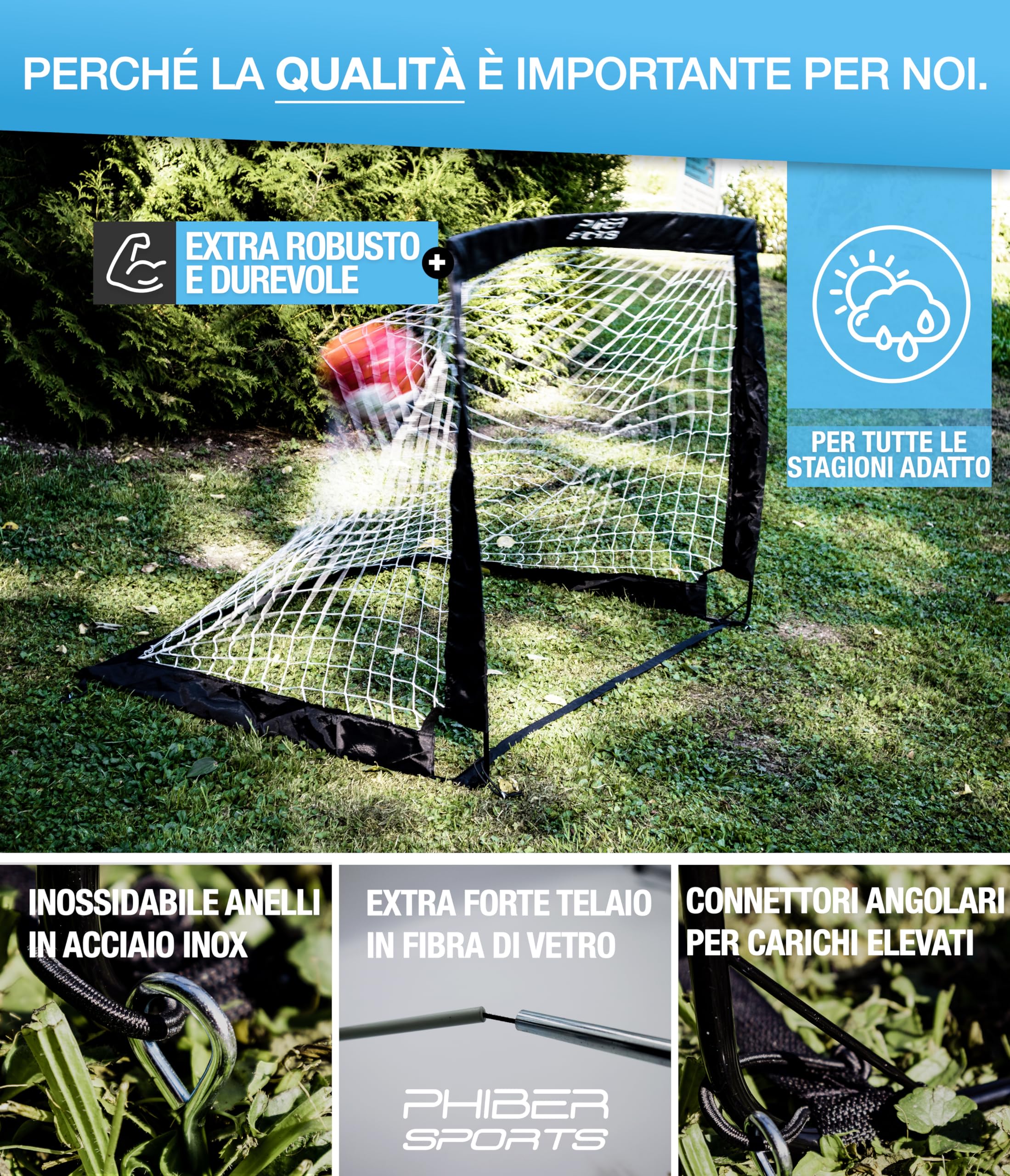 PHIBER-SPORTS Set di porte da calcio per bambini per 2 persone - Versione migliorata 2026 con pali in fibra di vetro rinforzati - Incl. borsa per il trasporto, 6x coni, 2x bersaglio