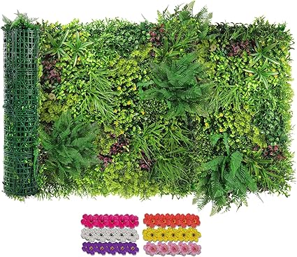 Artificial Grass Wall Roll 40"x120" (3.33ft x 10ft,33.3 Sq.ft), 3D Green Grass Wall for Outdoor Fence Indoor Decor, Greenery Privacy Screen for Patio Backyard, with DIY 60 PCS Violet Flower