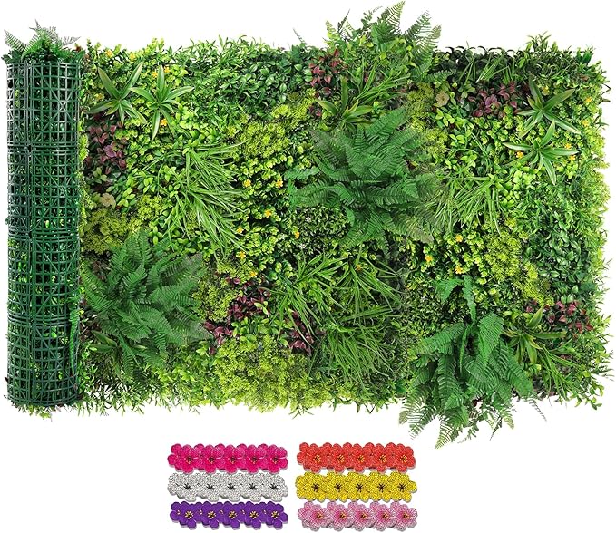 Artificial Grass Wall Roll 40"x120" (3.33ft x 10ft,33.3 Sq.ft), 3D Green Grass Wall for Outdoor Fence Indoor Decor, Greenery Privacy Screen for Patio Backyard, with DIY 60 PCS Violet Flower