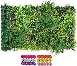 Artificial Grass Wall Roll 40"x120" (3.33ft x 10ft,33.3 Sq.ft), 3D Green Grass Wall for Outdoor Fence Indoor Decor, Greenery Privacy Screen for Patio Backyard, with DIY 60 PCS Violet Flower
