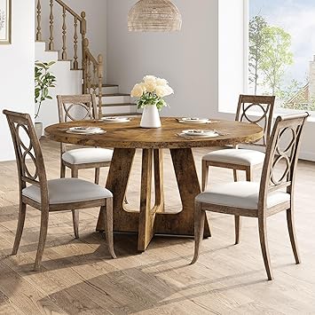 GarveeHome 47-Inch Round Large Dining Table Set for 4 to 6, Farmhouse Dinner Table with Wooden Top and Legs for Home Dining Room or Living Room - Rustic Brown(No Chairs)