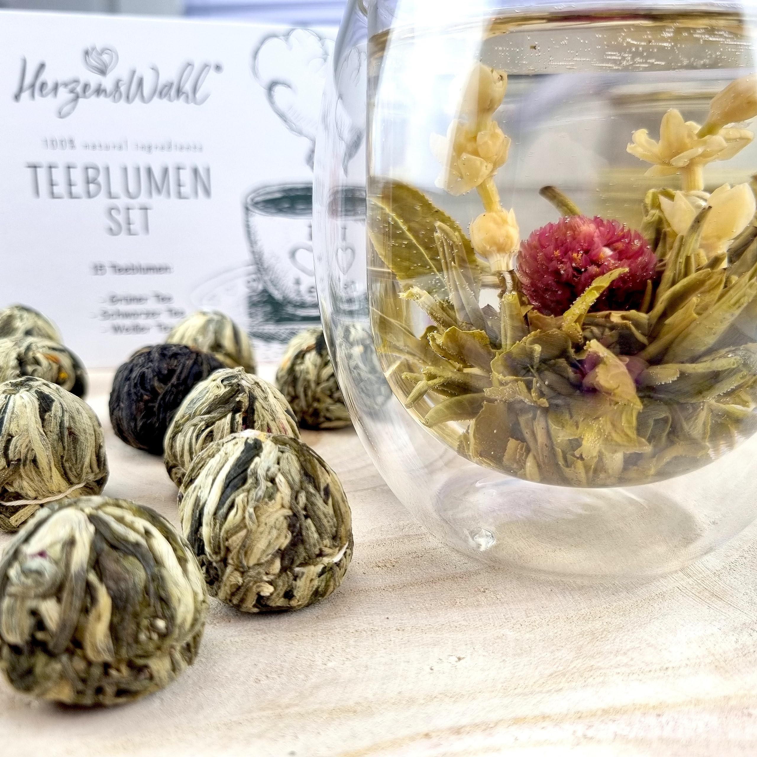 HerzensWahl Coffret cadeau de fleurs de thé - 15 fleurs de thé blanc, thé vert et thé noir dans une boîte à thé - Kit de dégustation de fleurs de thé pour les amateurs de thé avec boîte cadeau
