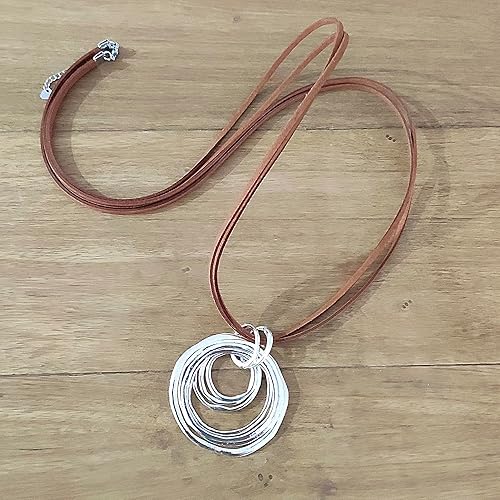 Miniatura 6 de 38” Long ECO Leather Necklace, Ring Circle Necklace for Women, Brown Leather Necklace, Long Pendant Necklace, Large Lariat Necklace, 7 Silver