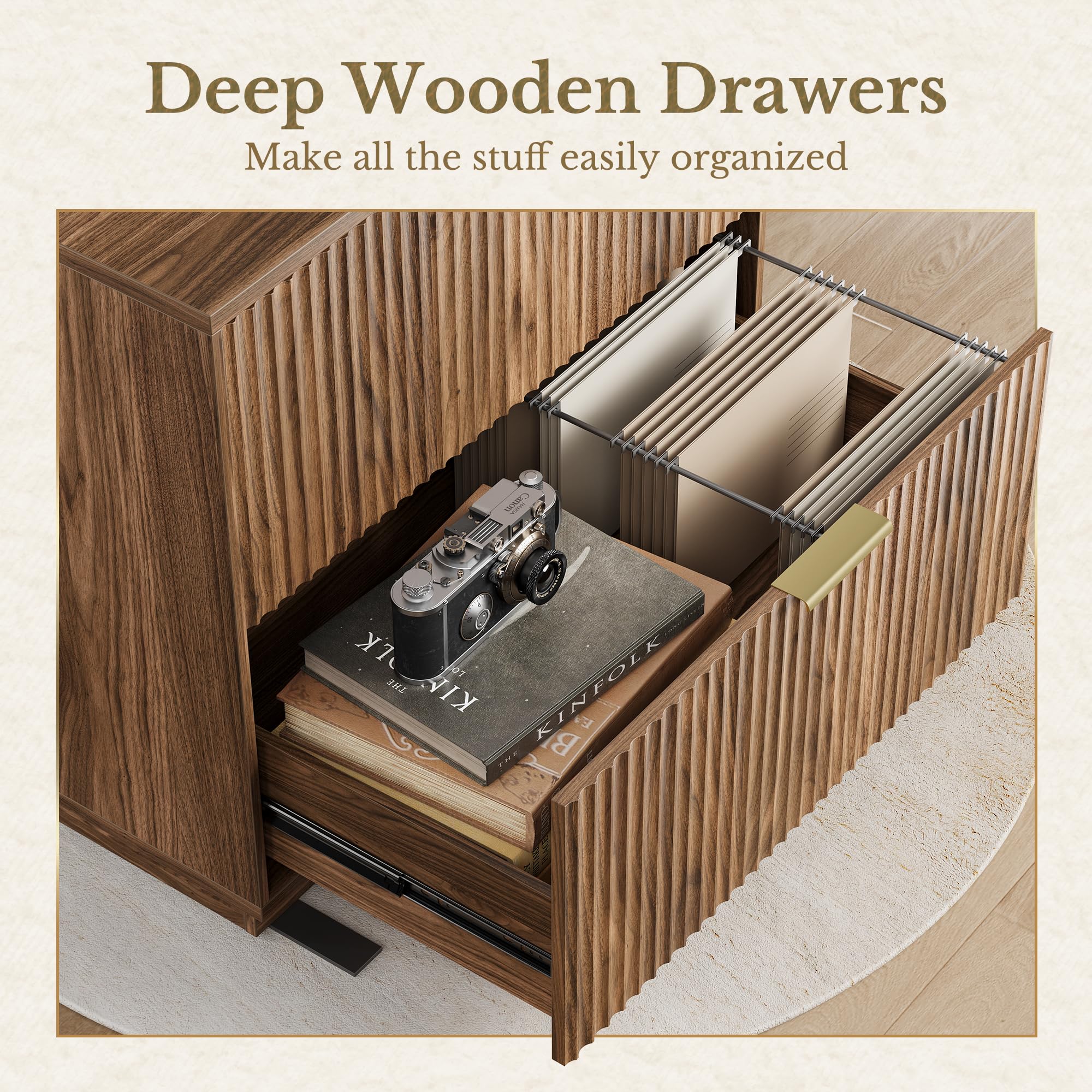 2 Drawer Fluted File Cabinet 32 Lateral File Cabinet for Legal Letter A4 F4 Size Hanging Files Wood — view 5