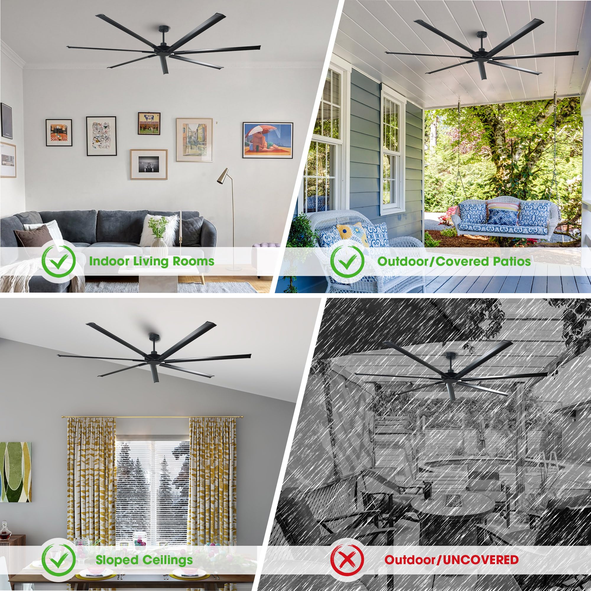 84 Inch Ceiling Fans without Light Industrial Black Ceiling Fan No Light for Living Room Bedroom Shop Garage — view 9