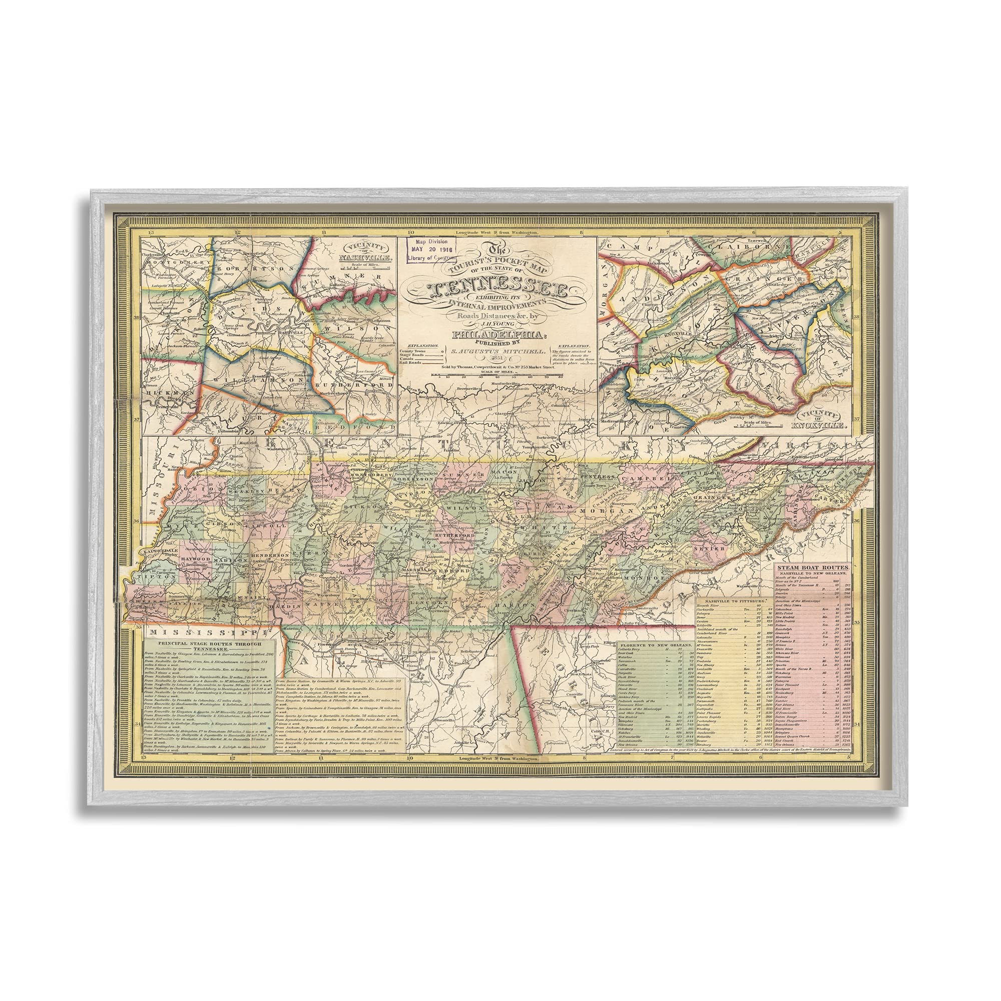 Stupell Industries Historic Tennessee Tourist Map Vintage US State Cartography, Design by Daphne Polselli Gray Framed Wall Art, 20 x 16, Beige