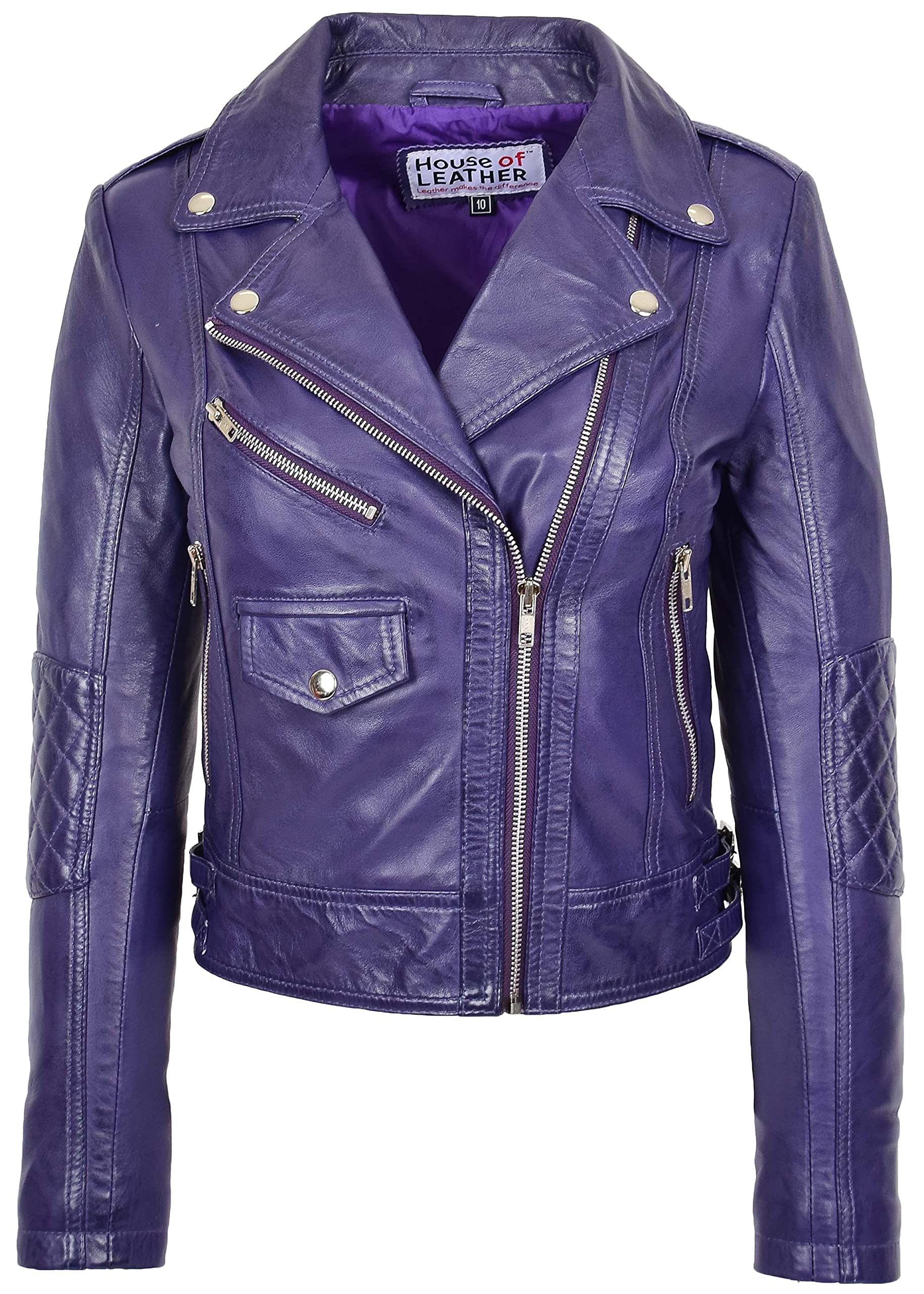 House Of Leather Women's Purple Real Leather Biker Cross Zip Fashion Jacket Slim Fit Style Remi (18, )