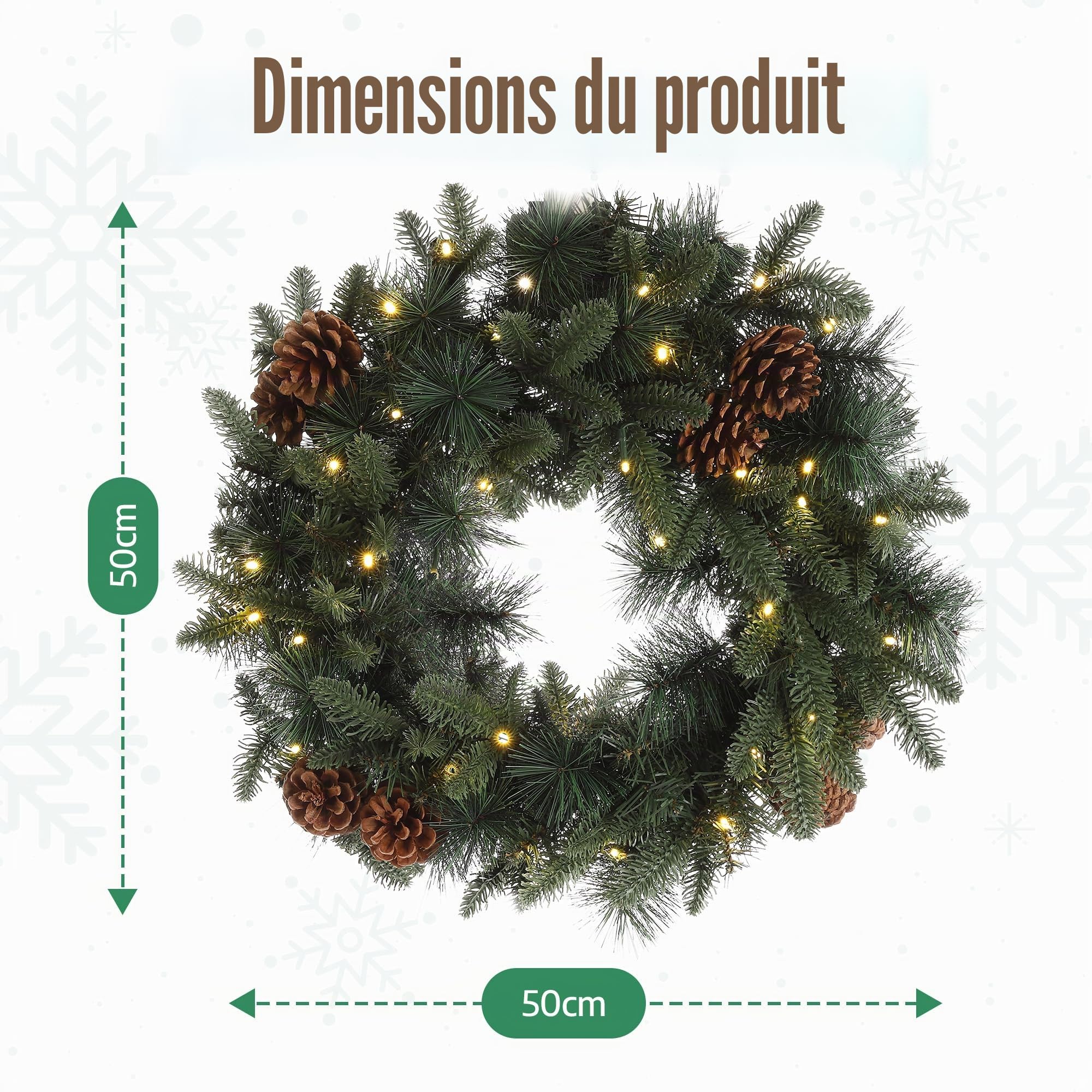 MeisterHome ® Couronne de Noël artificielle Couronne de l'Avent pour porte Ø 50 cm - Couronne de porte de Noël pour intérieur et extérieur avec 35 LED, minuterie et décoration de pommes de pin et