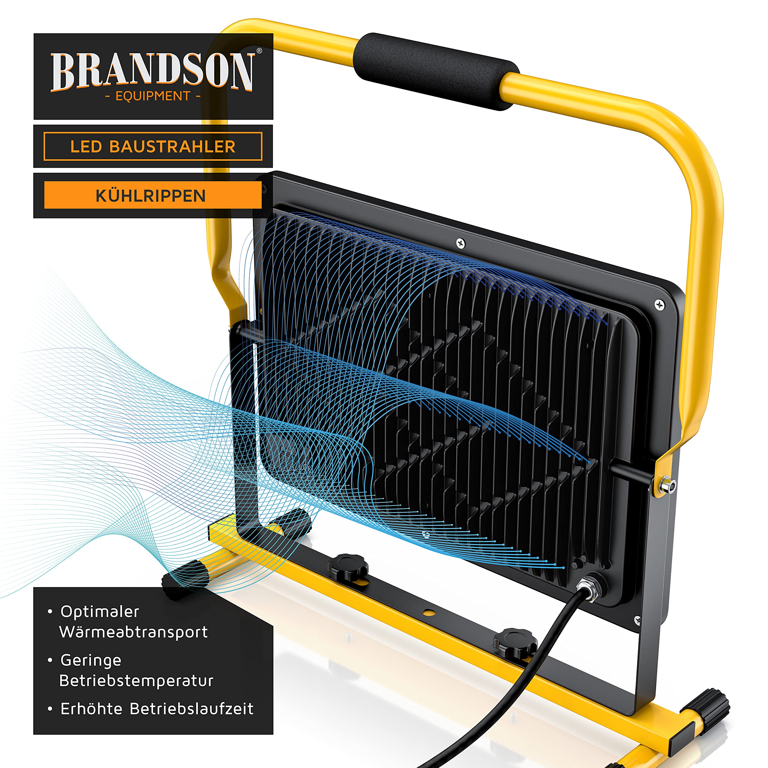 Brandson - Reflektor Budowlany LED 200 W - Reflektor Roboczy - 288 SMD LED - 6400 K - Stelaż i Uchwyt do Noszenia - 16000 Lumenów - Kabel Zasilający 4 m - Obudowa Metalowa - IP65