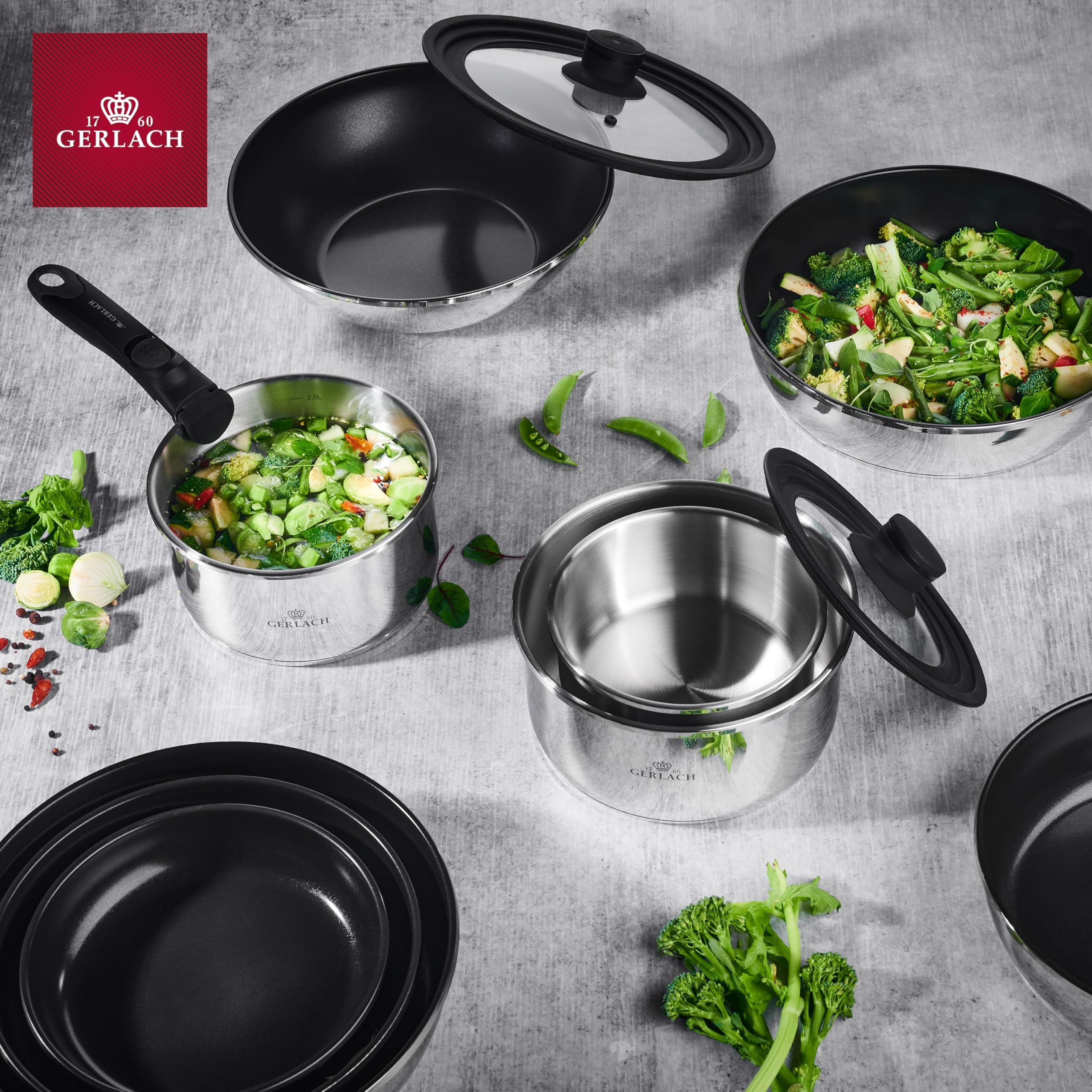Gerlach Smart Steel Topf-Set Edelstahl Abnehmbarer Griff Kochtopf-Set Induktion Induktionstöpfe-Set Töpfe-Set Induktionsgeeignet Kochgeschirr 3 Stück, Groß, Silber