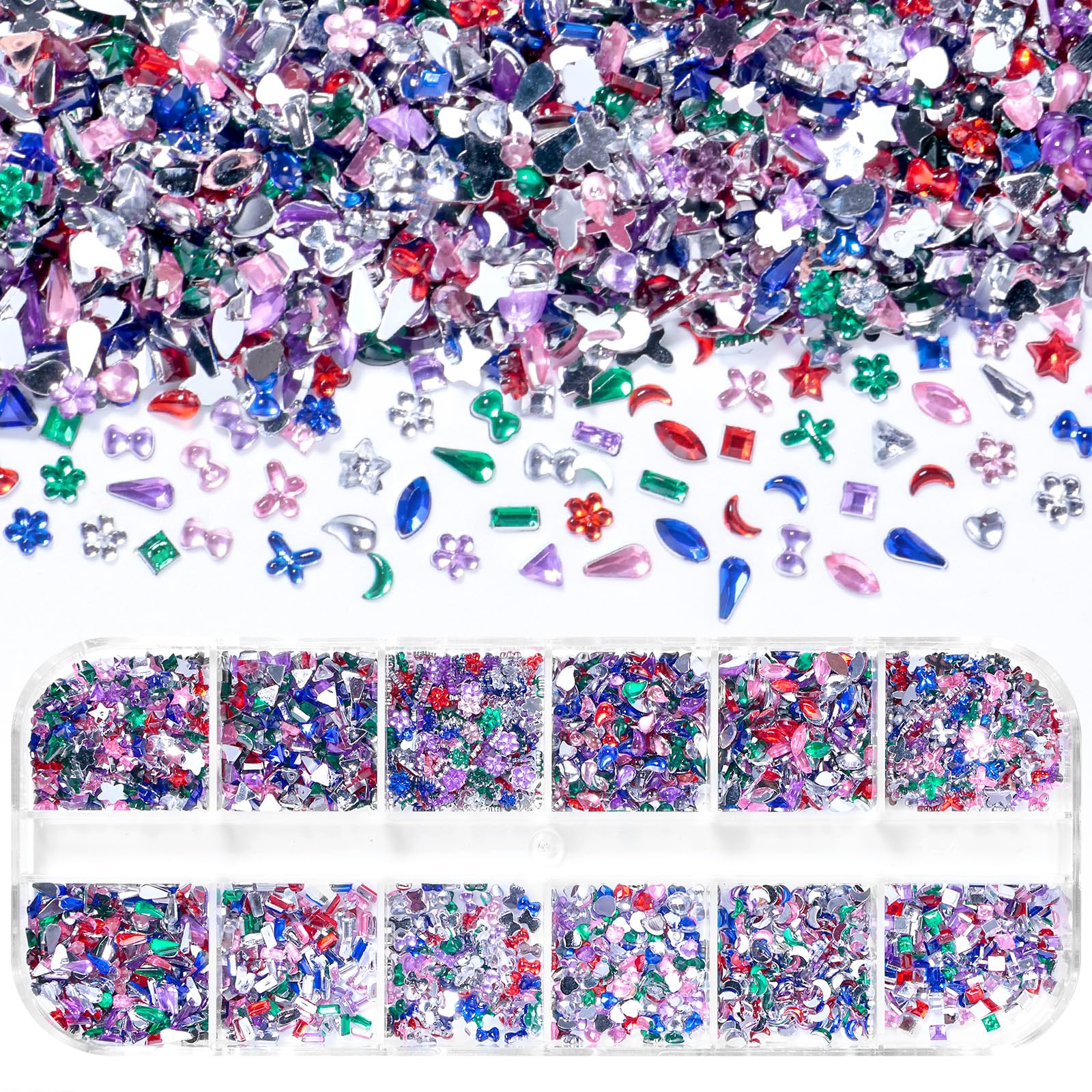 2000 Pcs 3D Small Nail Stones and Gems, Multi Shape Colorful Nail Gem Rhinestones, Mini Nail Art Rhinestones and Charms, Heart Star Flower Tiny Nail