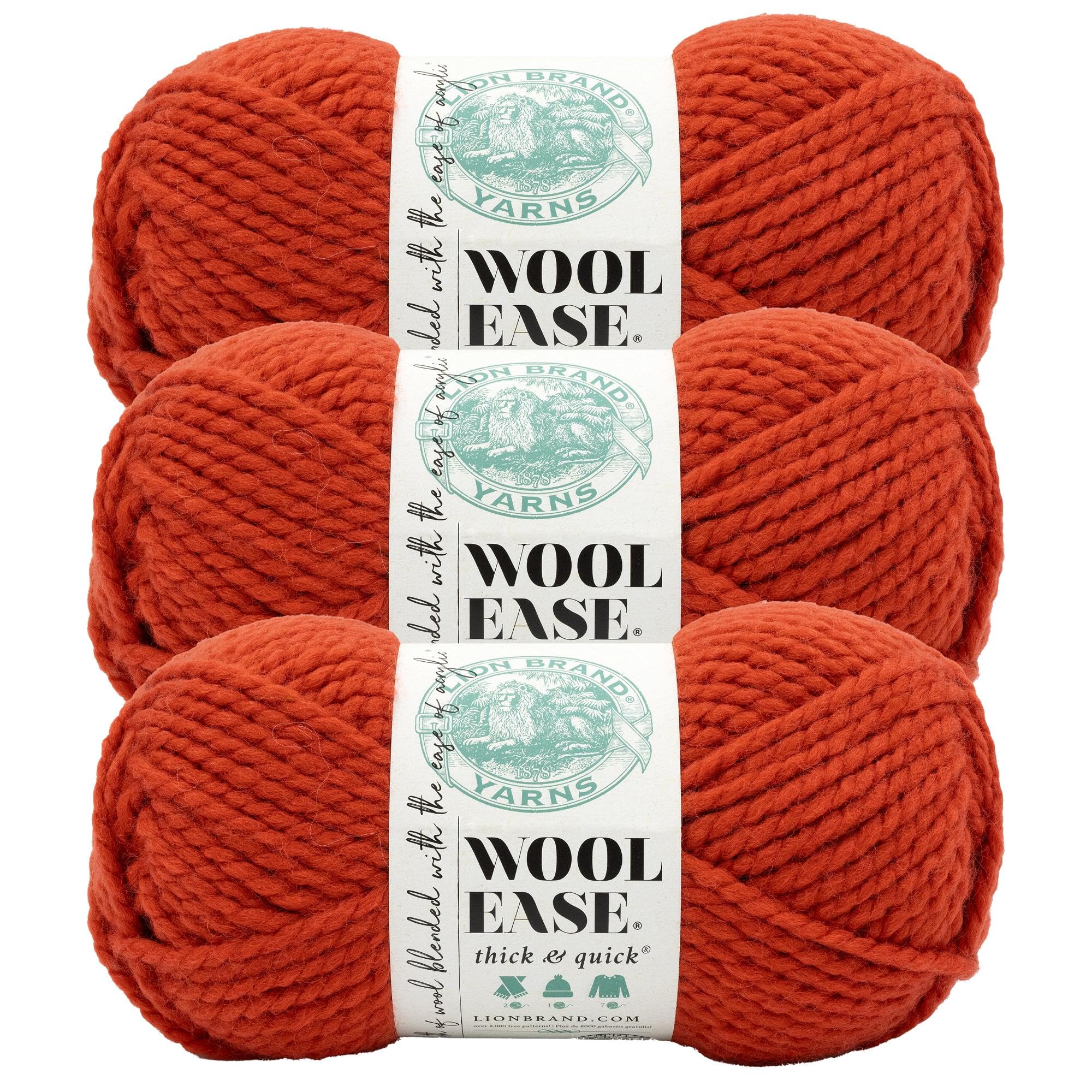 Lion Brand Yarn, Wool-Ease Thick &amp; Quick Yarn, Spicy, Red, 3 Pack