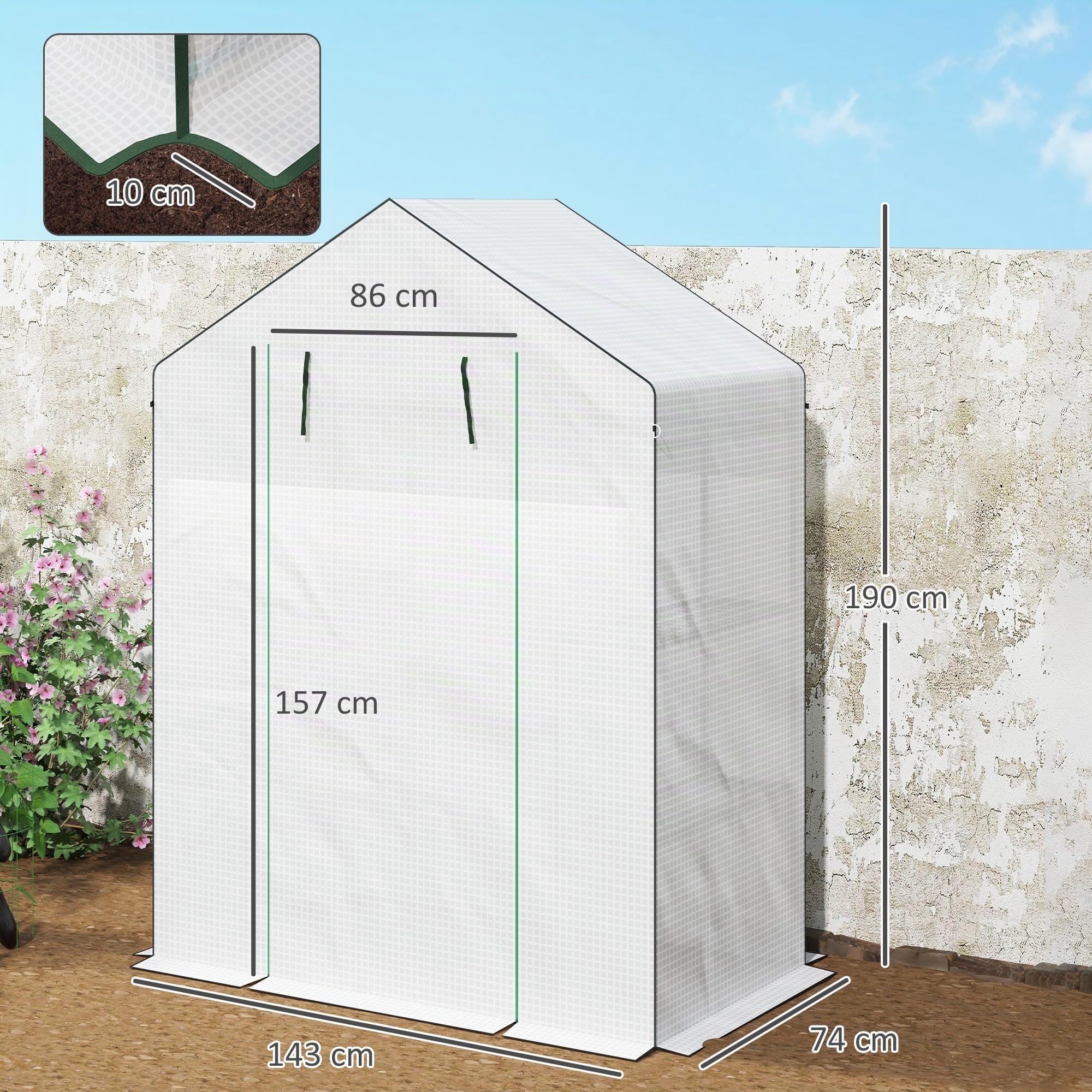 Outsunny Gewächshaus mit Rolltür für Balkon, Garten 143 x 74 x 190 cm Weiß