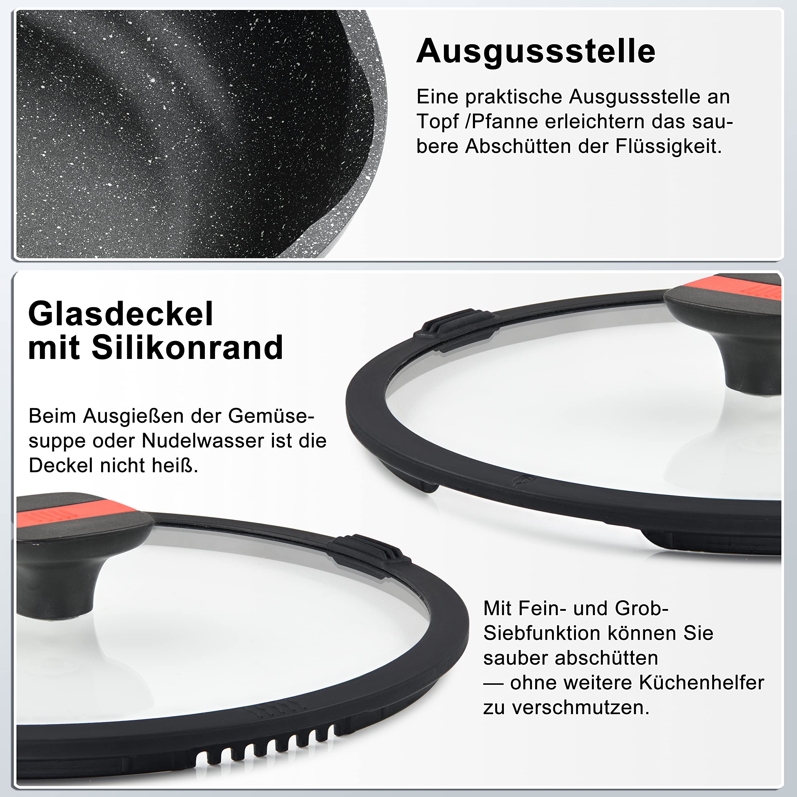 Linnuo Schmorpfanne Bratpfanne 24 cm hoher Rand, Aluguss Pfanne mit Deckel 24cm, abnehmbare Griffe, Antihaft beschichtete Pfanne Induktion, für alle Herden, backofengeeignet, Bratpfanne mit Deckel