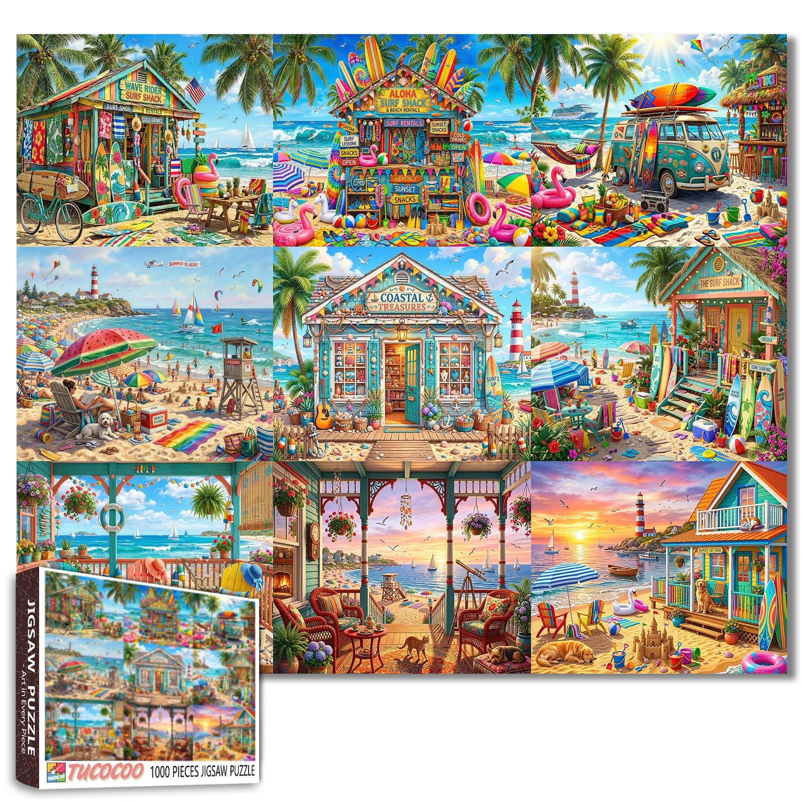 Coastal Beach Cottage Puzzle for Adults 1000 Pieces Colorful Seaside Vacation Jigsaw Puzzle Ocean View Houses Relaxing Artwork Tropical Summer Landscape Puzzles for Home Wall Decor DIY Craft Gifts — image 1
