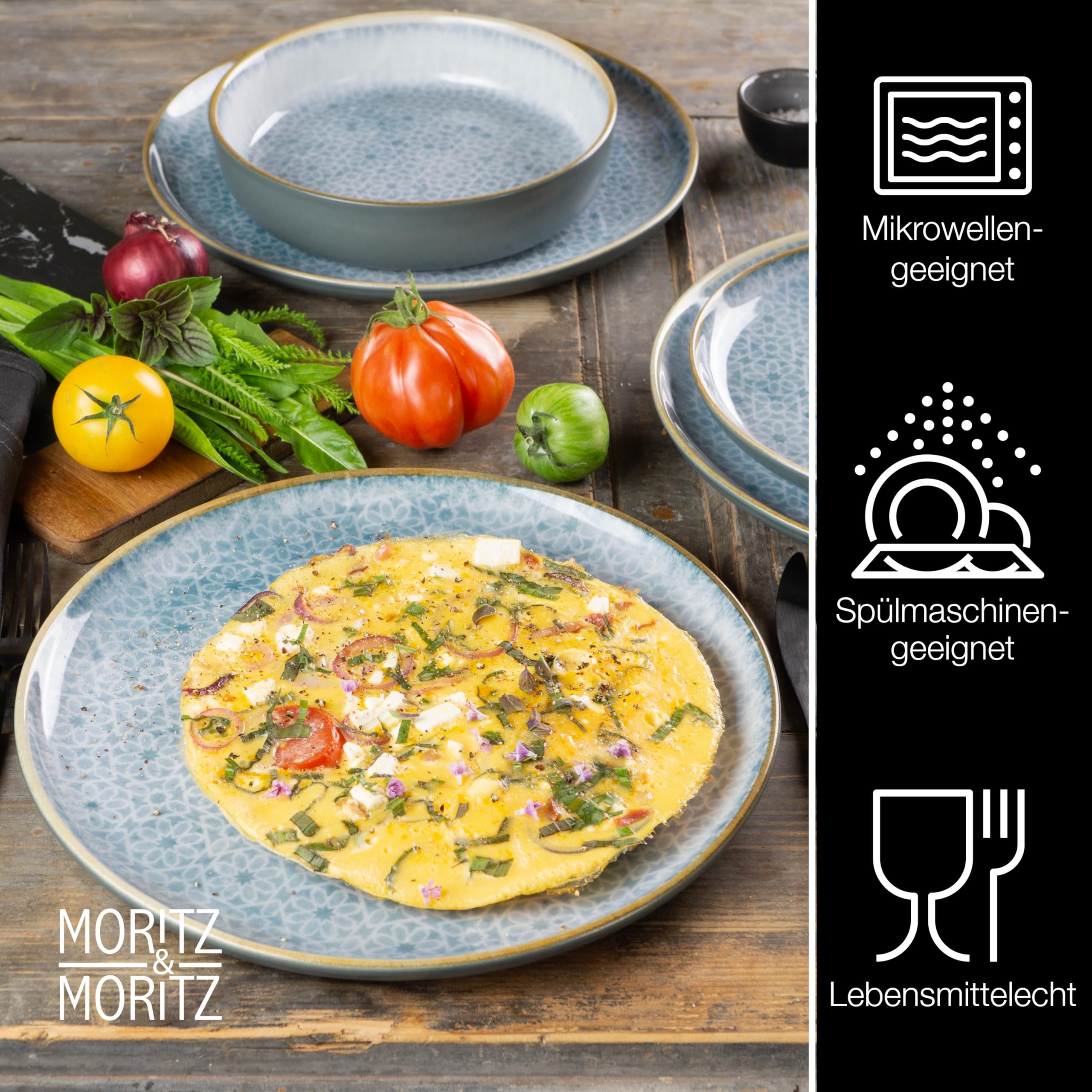 Moritz & Moritz TERRA 18-tlg Geschirrset 6 Personen - Teller Set in strahlendem Azurblau aus hochwertigem Porzellan - Geschirr Set 6 Personen aus je 6x Speiseteller, Dessertteller und Schalen