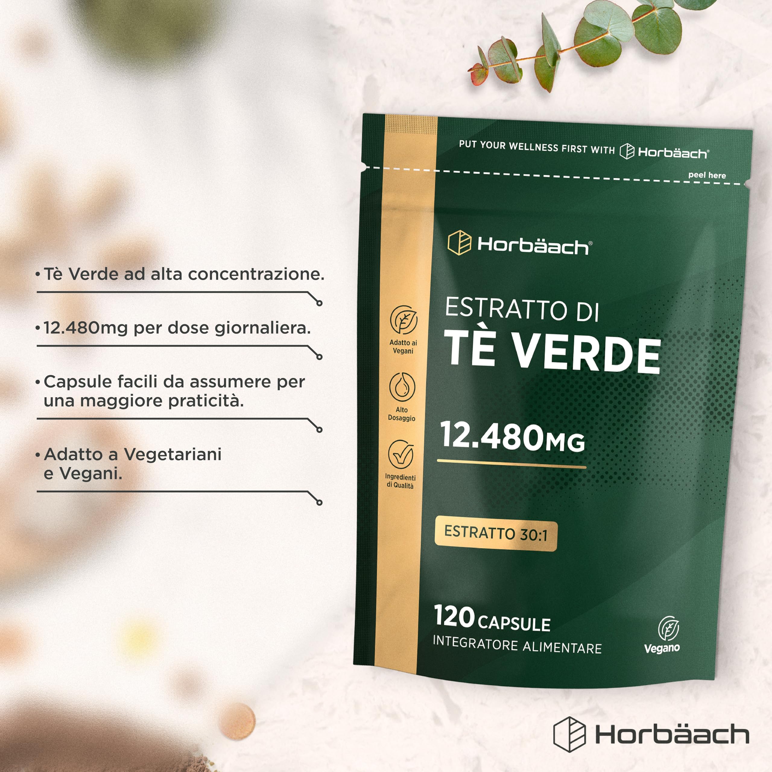 Tè Verde Capsule 12480mg | 120 Capsule Vegane | Estratto di Te Verde Integratore in Polvere | Alto Dosaggio | Green Tea Extract | di Horbaach