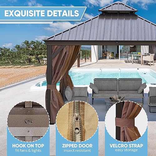 Miniatura 7 de Gazebo de 12 pies de 12 pies, glorieta de aluminio con toldo de acero, toldo permanente para exteriores para patio, jardín, patio trasero