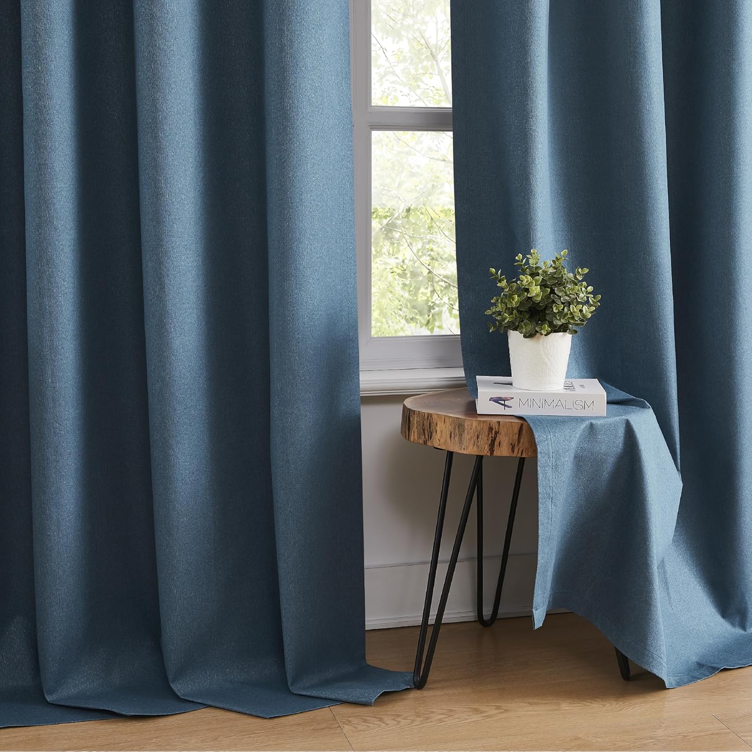 KangBang Denim Blue Blackout Linen Curtains 63 Inches Long 2 Panels Set, Full Blackout Thermal Insulated Soundproof Drapes Light Weight Cozy Grommet Top Curtains for Bedroom Kitchen,52Wx63L
