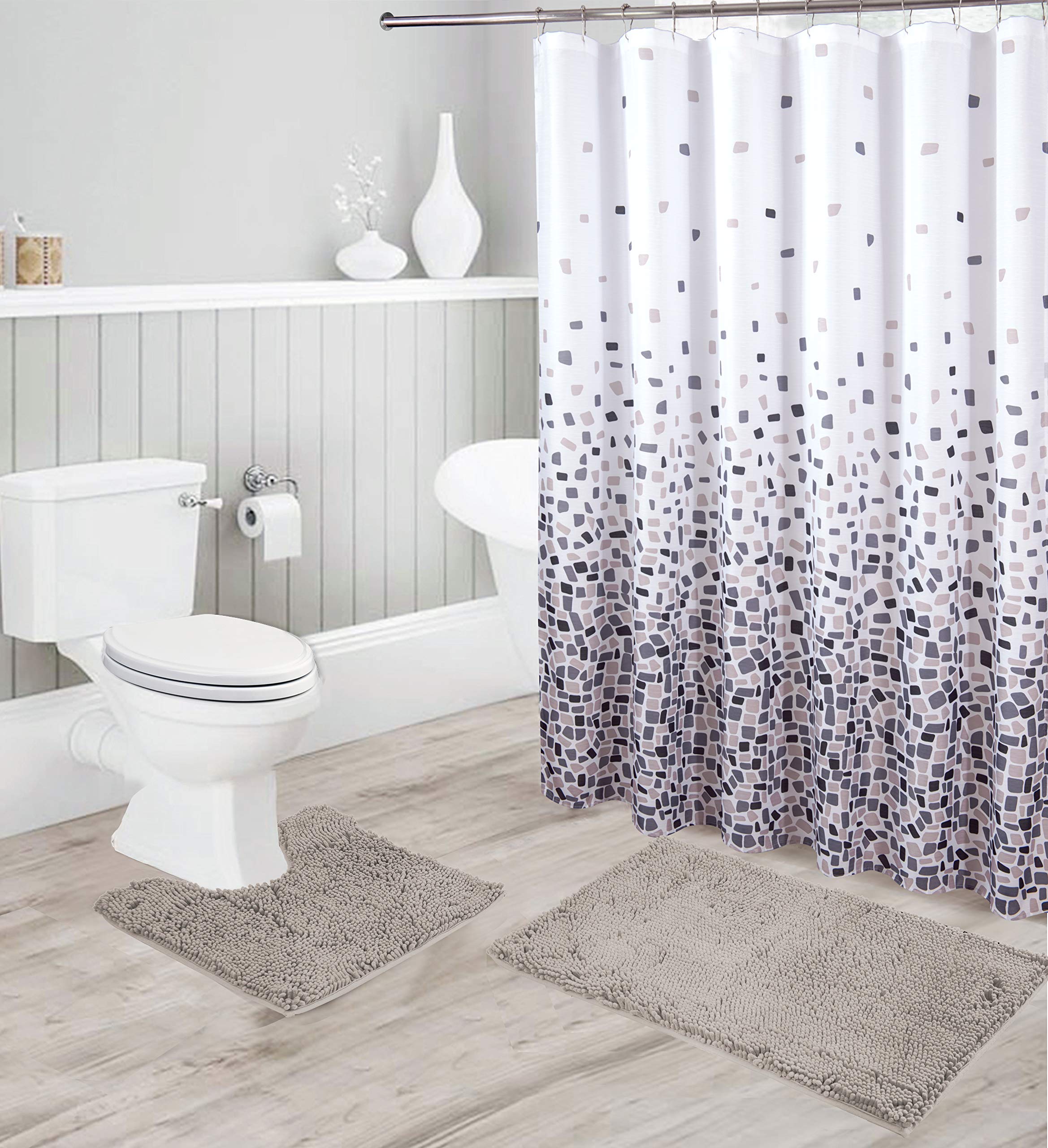 Chenille Soft Rug Anti-Slip Bath Set Includes Bath Mat, Contour Mat, Shower Curtain and Stainless Steel Roller Ball Hooks New # Jasmine (Silver)